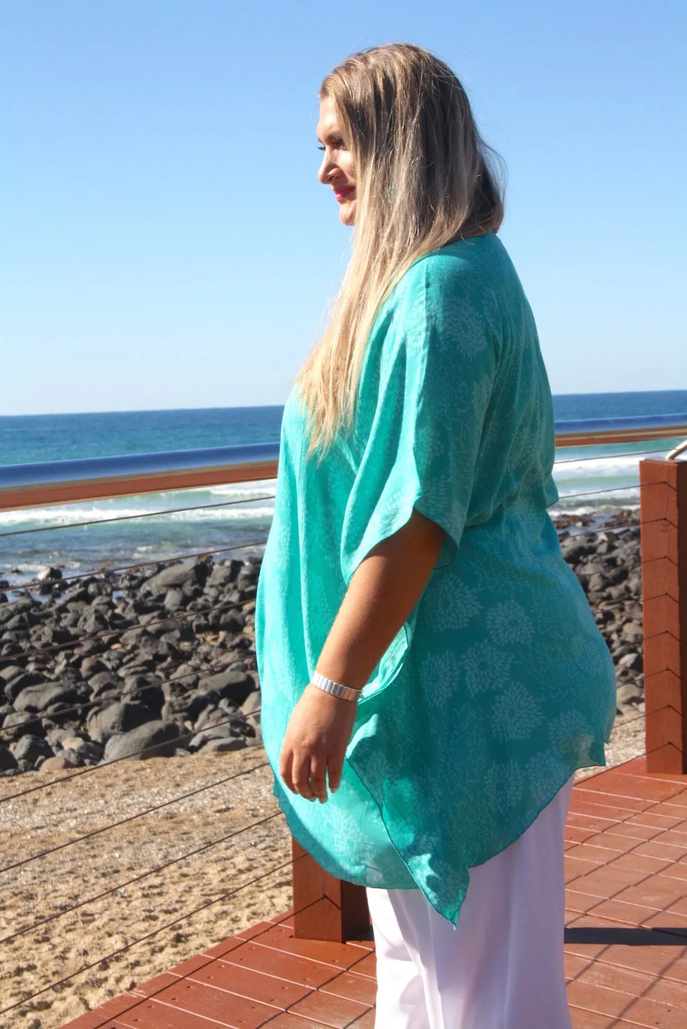 Short Kaftan in Aqua Green White Flower