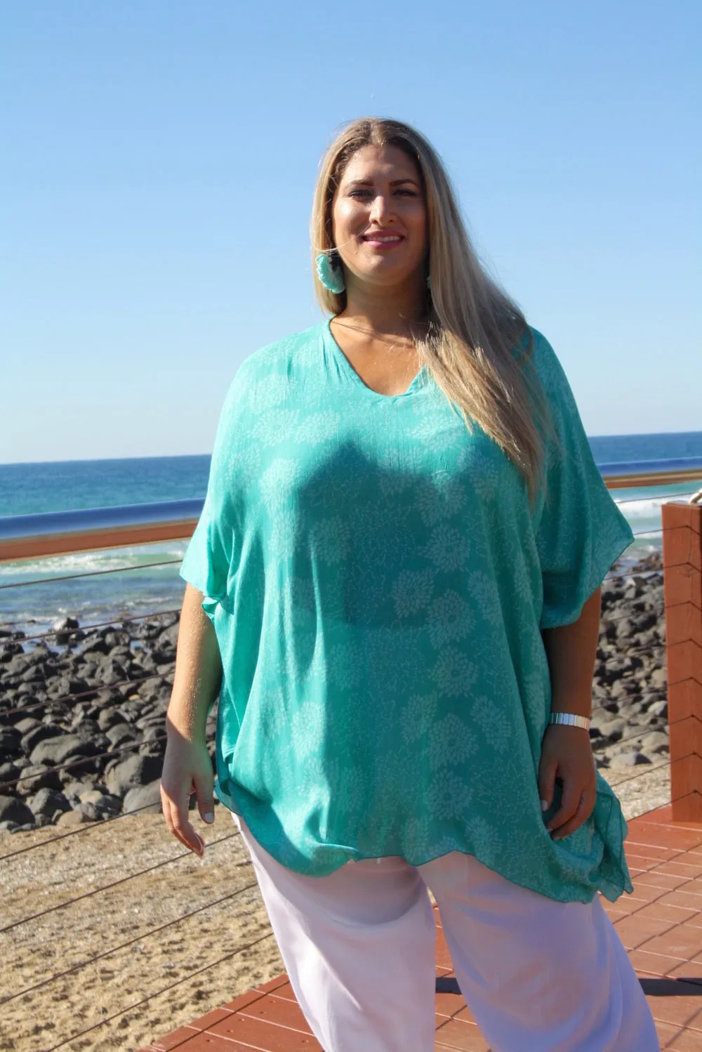 Short Kaftan in Aqua Green White Flower