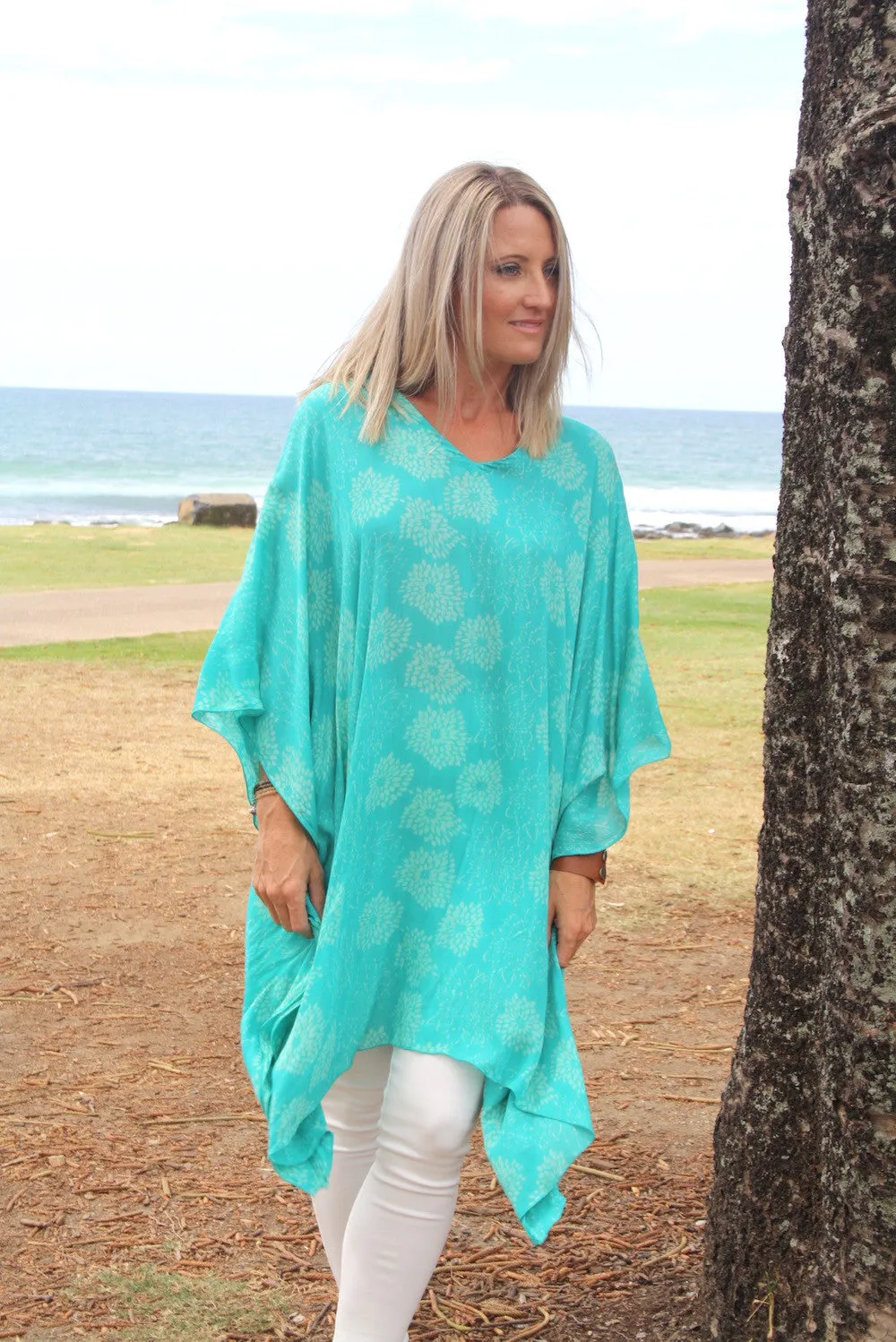 Short Kaftan in Aqua Green White Flower