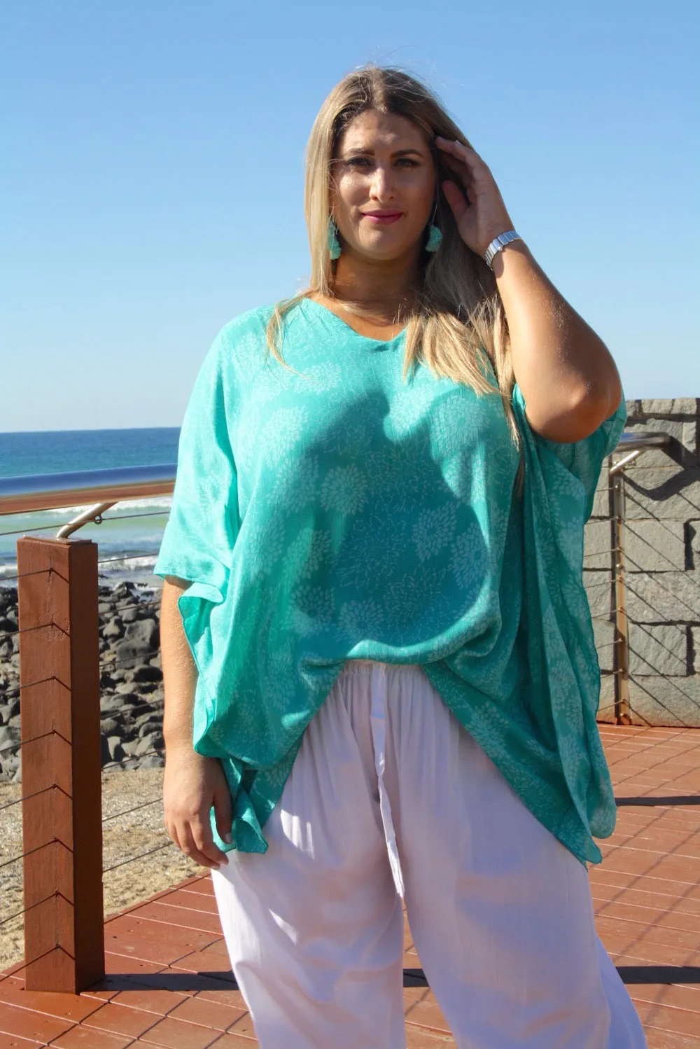 Short Kaftan in Aqua Green White Flower