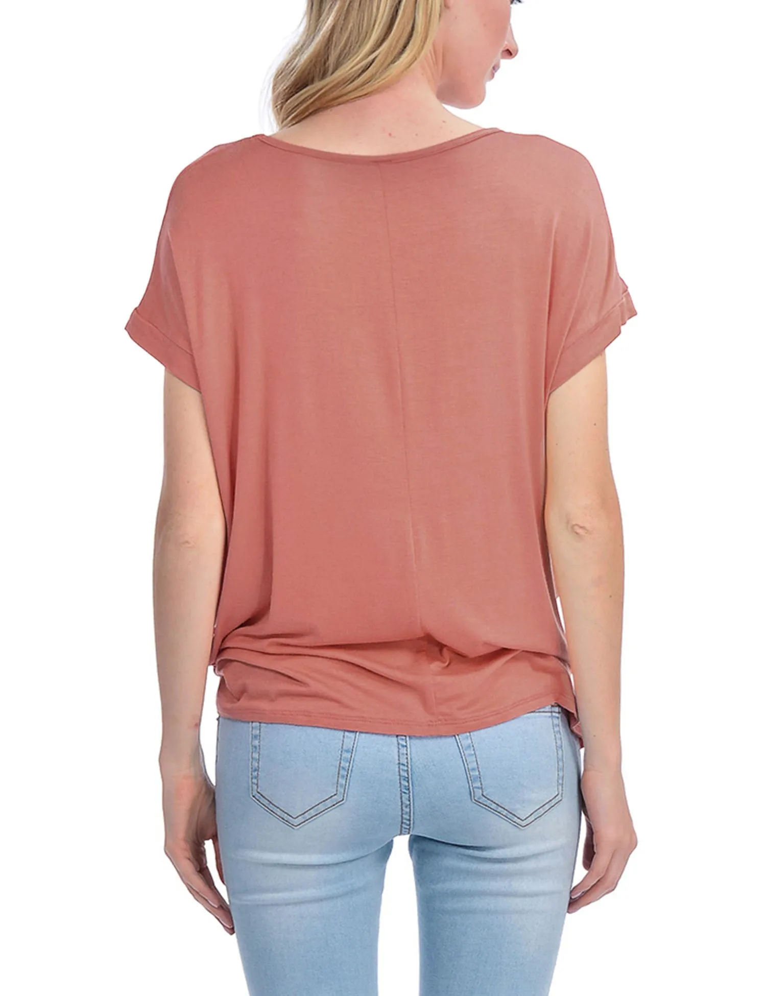 Solid Basic Boatneck Dolman Top with Knot on Hemline