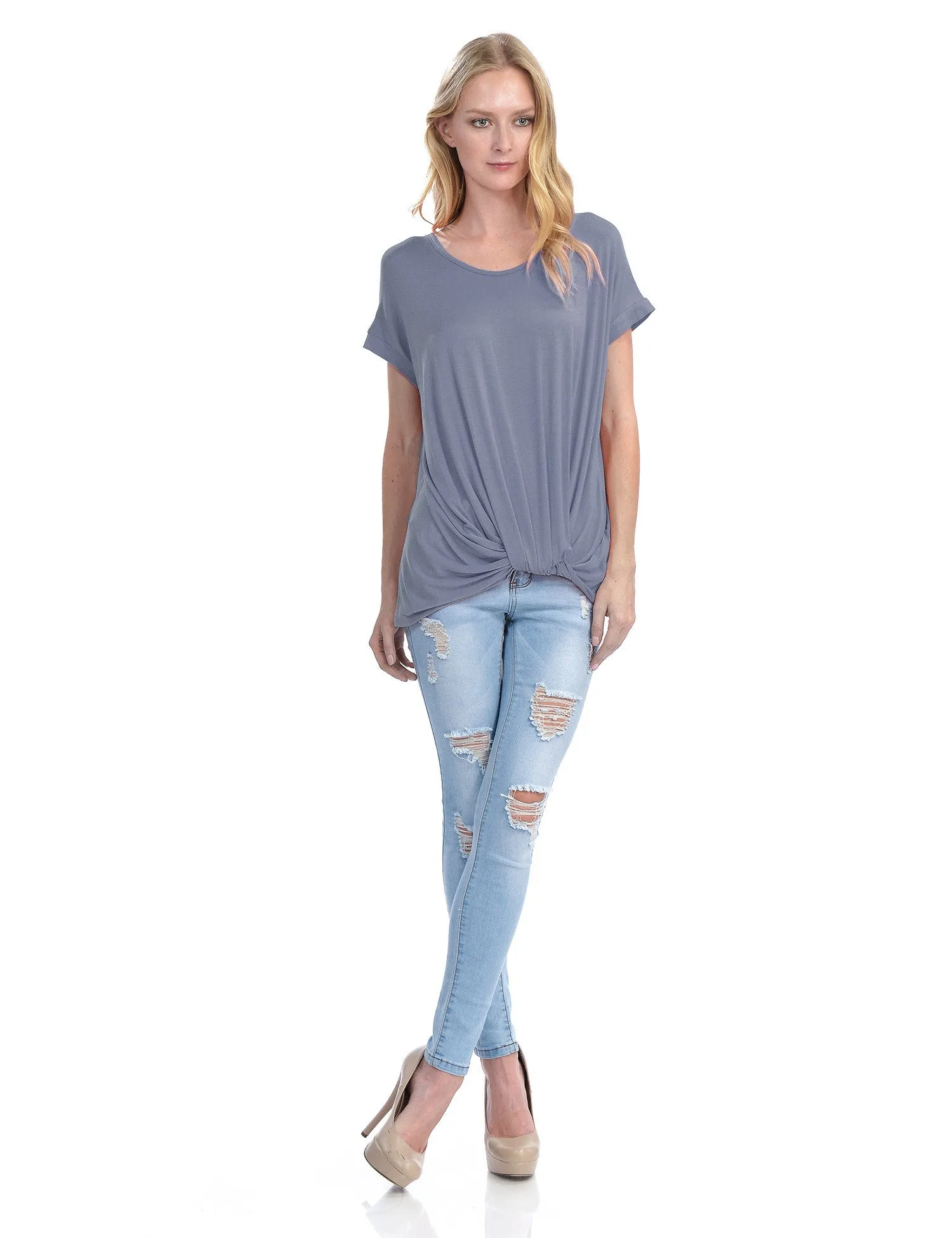 Solid Basic Boatneck Dolman Top with Knot on Hemline