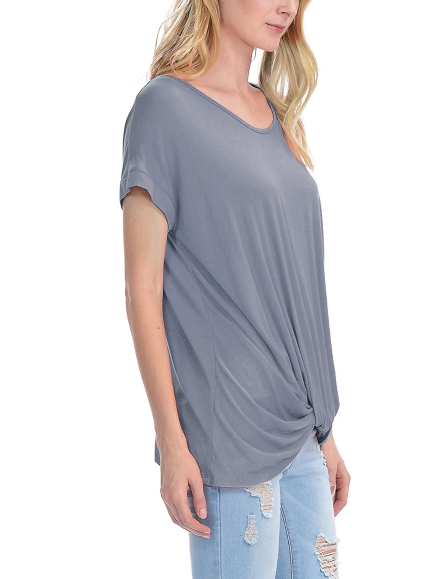 Solid Basic Boatneck Dolman Top with Knot on Hemline