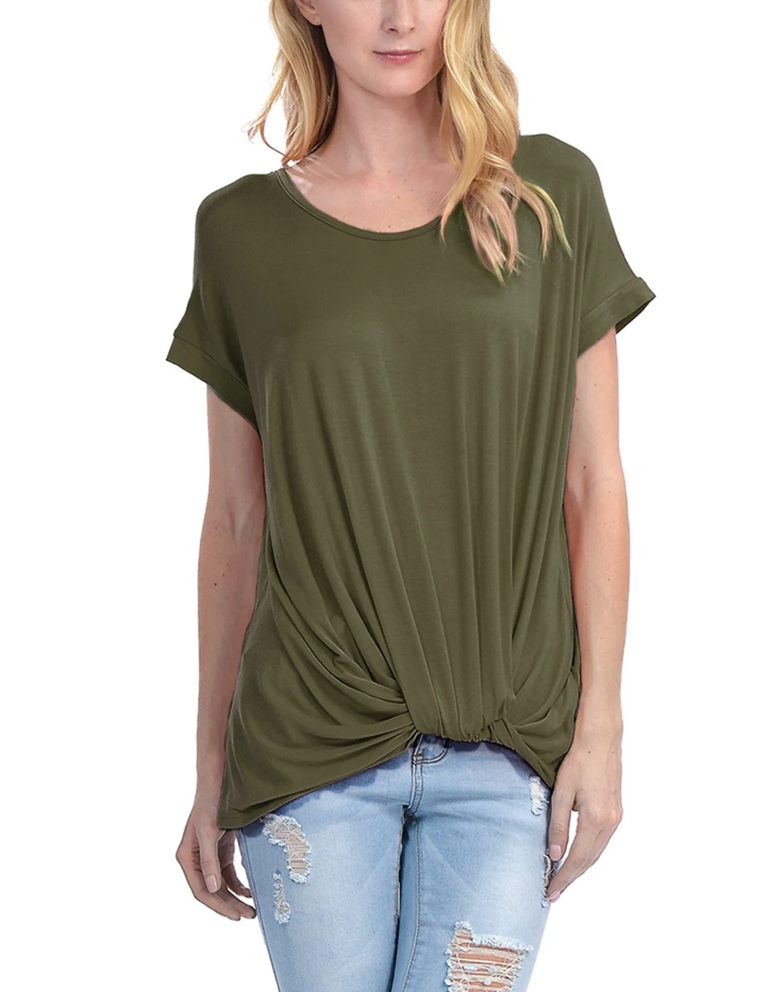 Solid Basic Boatneck Dolman Top with Knot on Hemline