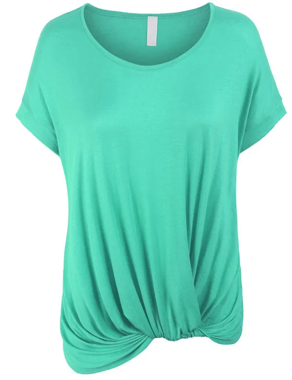 Solid Basic Boatneck Dolman Top with Knot on Hemline