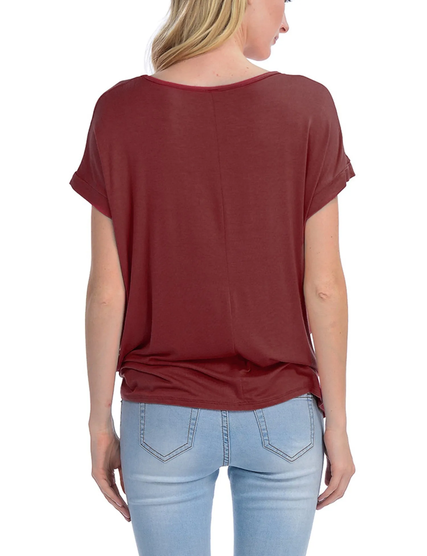 Solid Basic Boatneck Dolman Top with Knot on Hemline