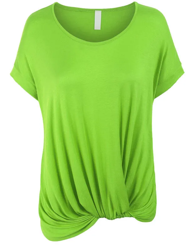 Solid Basic Boatneck Dolman Top with Knot on Hemline