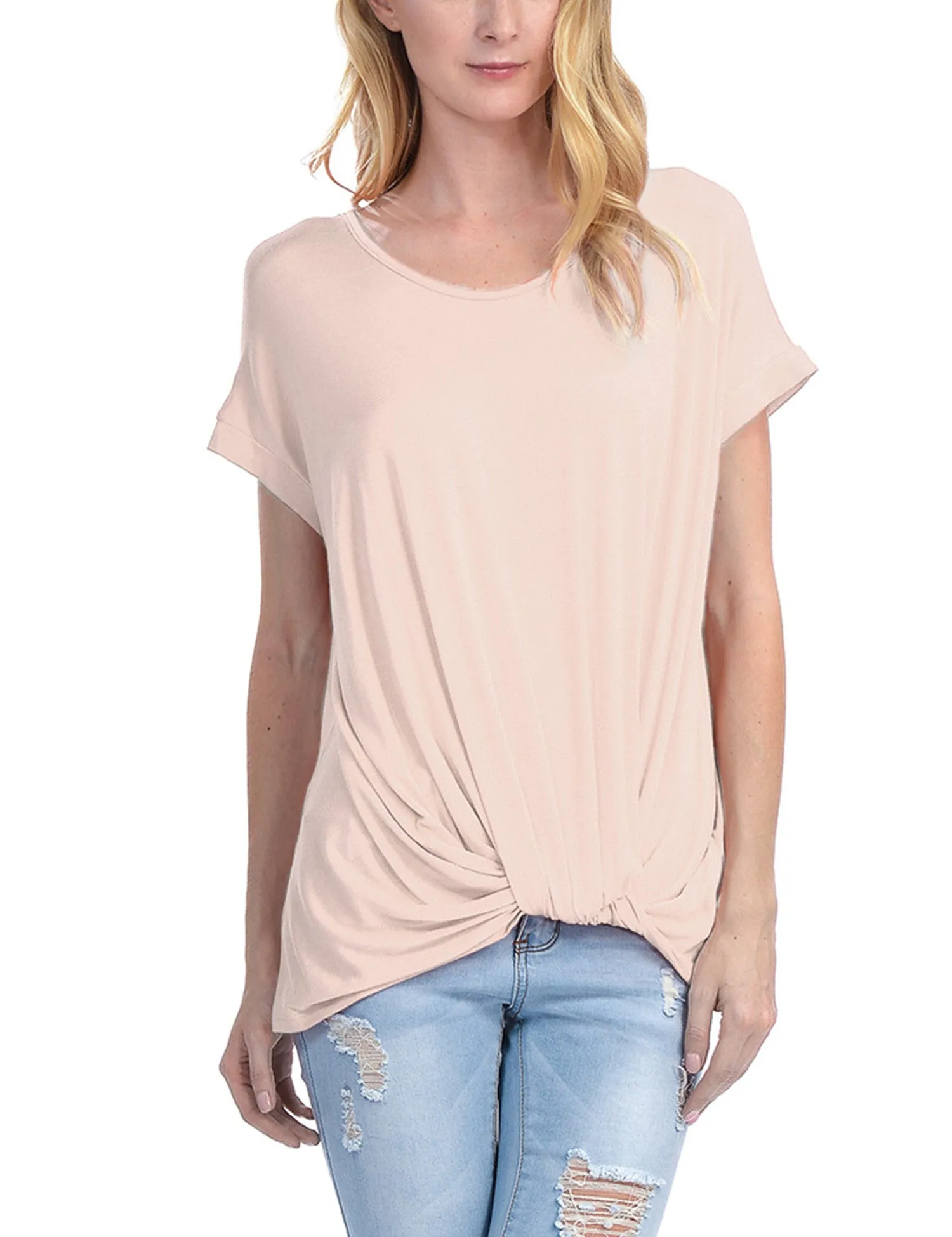 Solid Basic Boatneck Dolman Top with Knot on Hemline