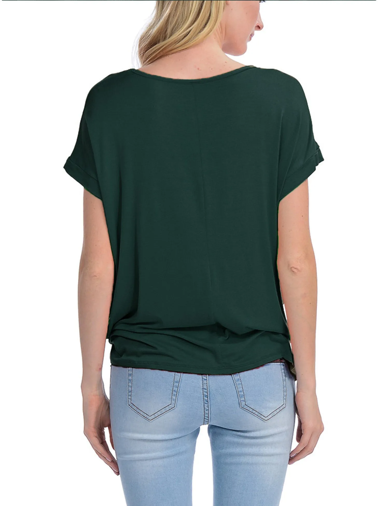 Solid Basic Boatneck Dolman Top with Knot on Hemline