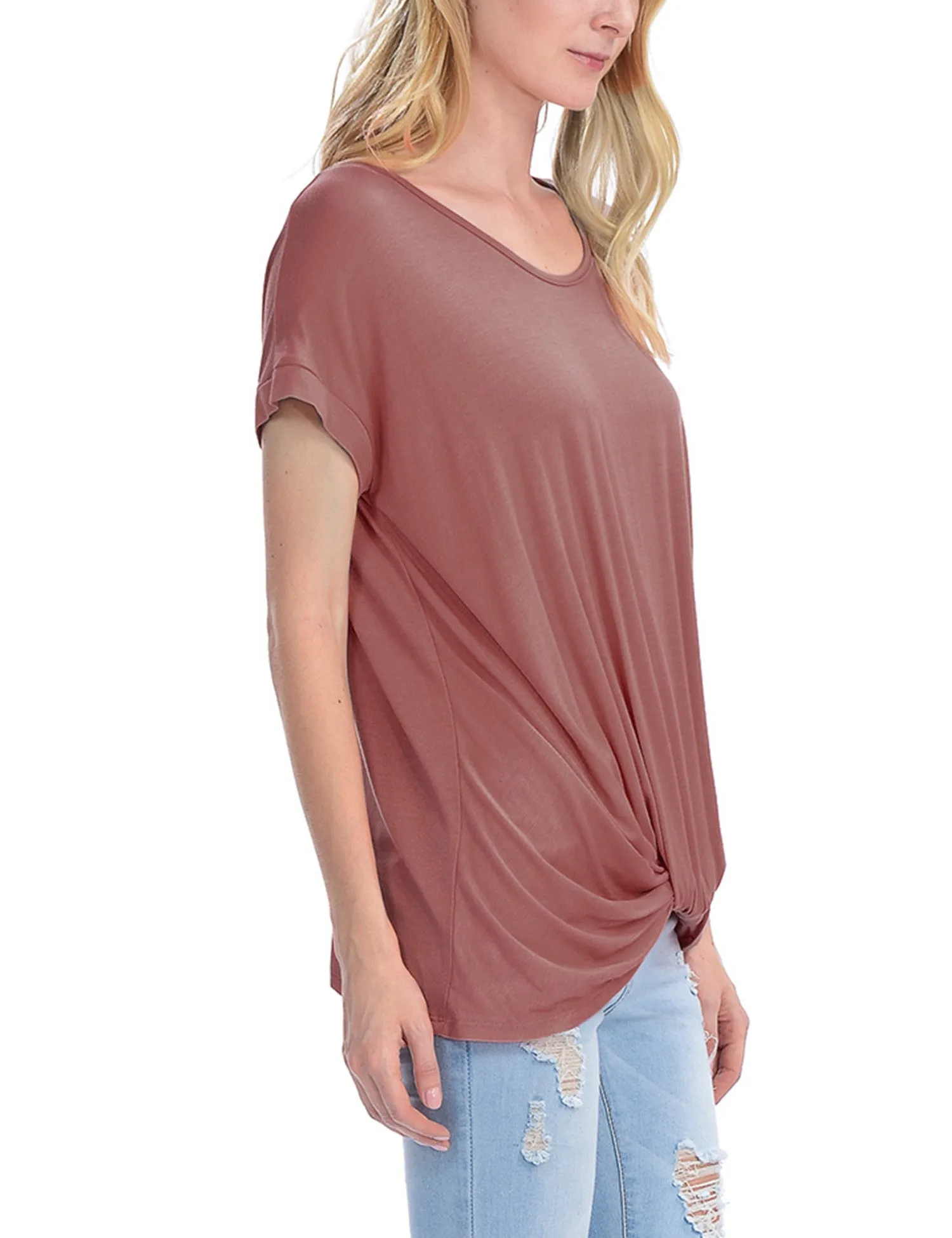 Solid Basic Boatneck Dolman Top with Knot on Hemline