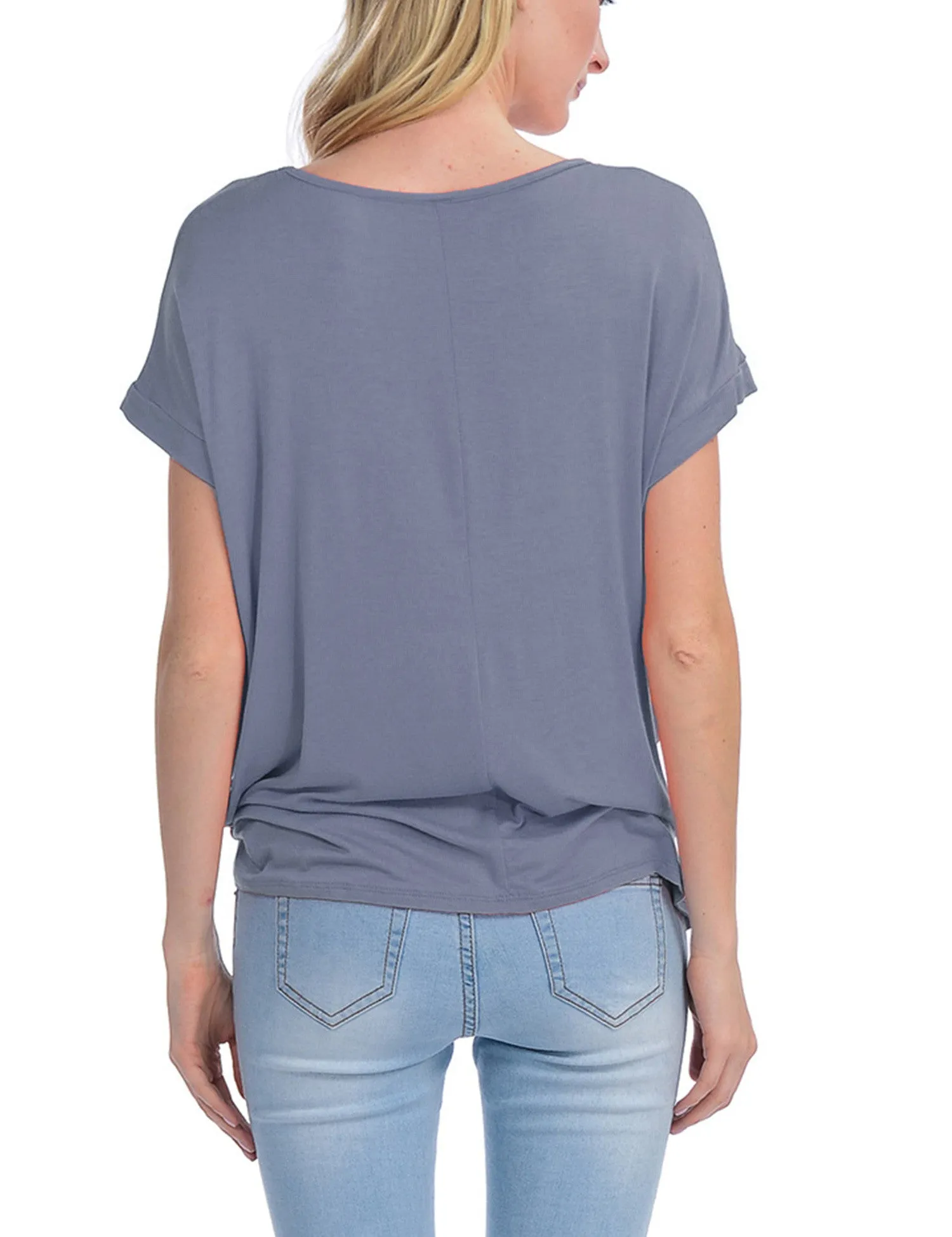 Solid Basic Boatneck Dolman Top with Knot on Hemline