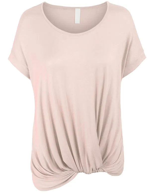 Solid Basic Boatneck Dolman Top with Knot on Hemline