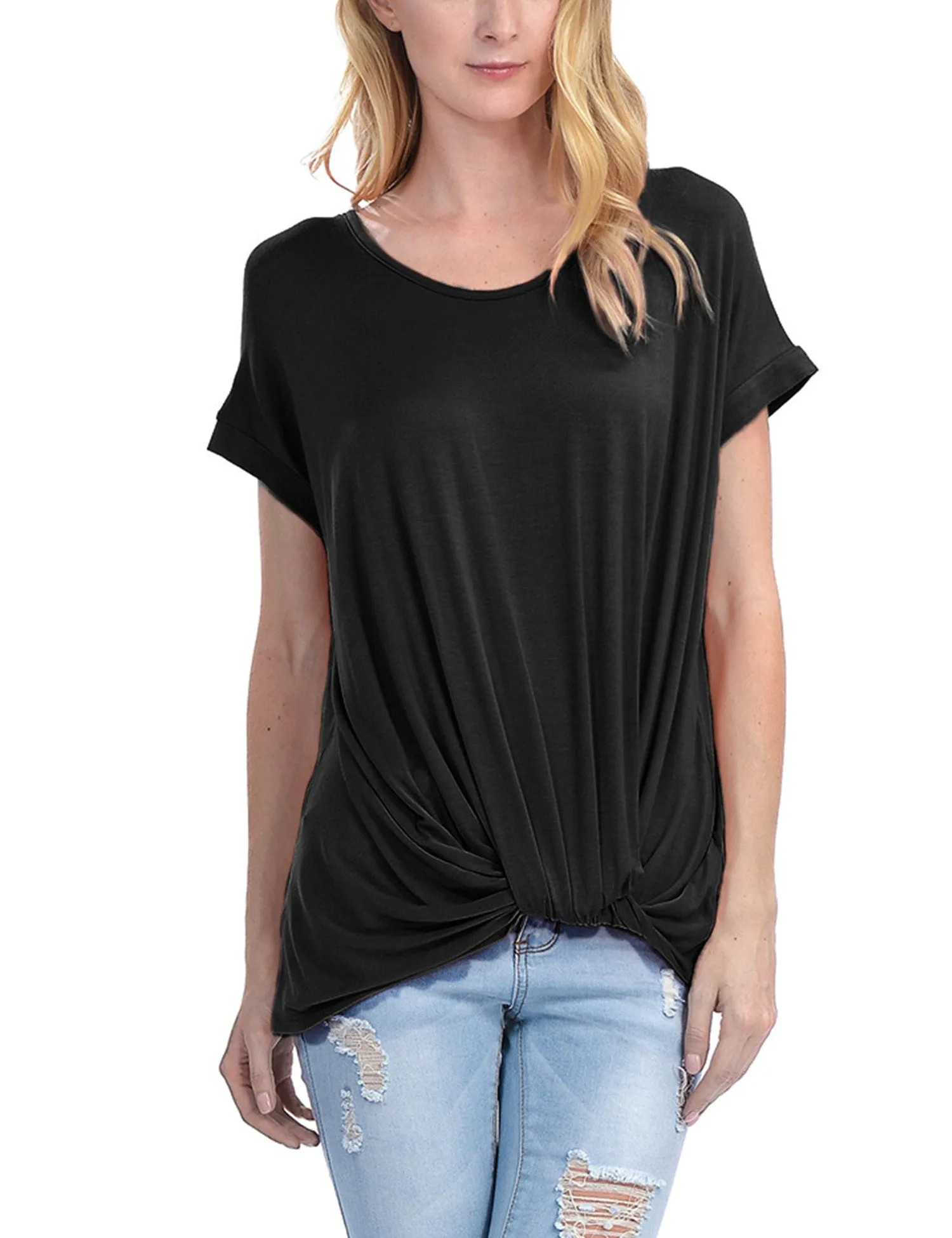 Solid Basic Boatneck Dolman Top with Knot on Hemline