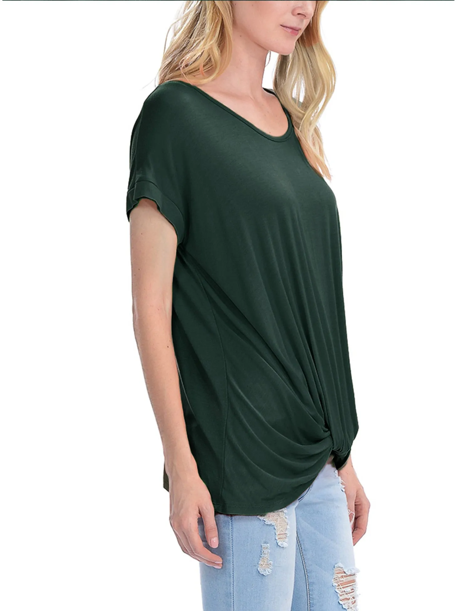 Solid Basic Boatneck Dolman Top with Knot on Hemline