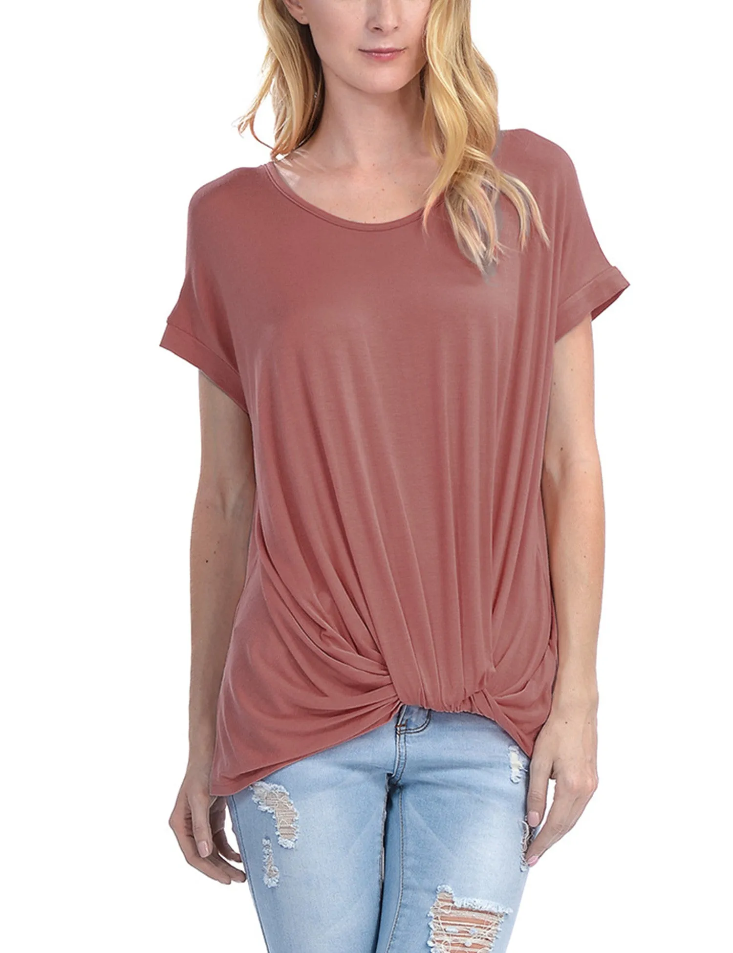 Solid Basic Boatneck Dolman Top with Knot on Hemline