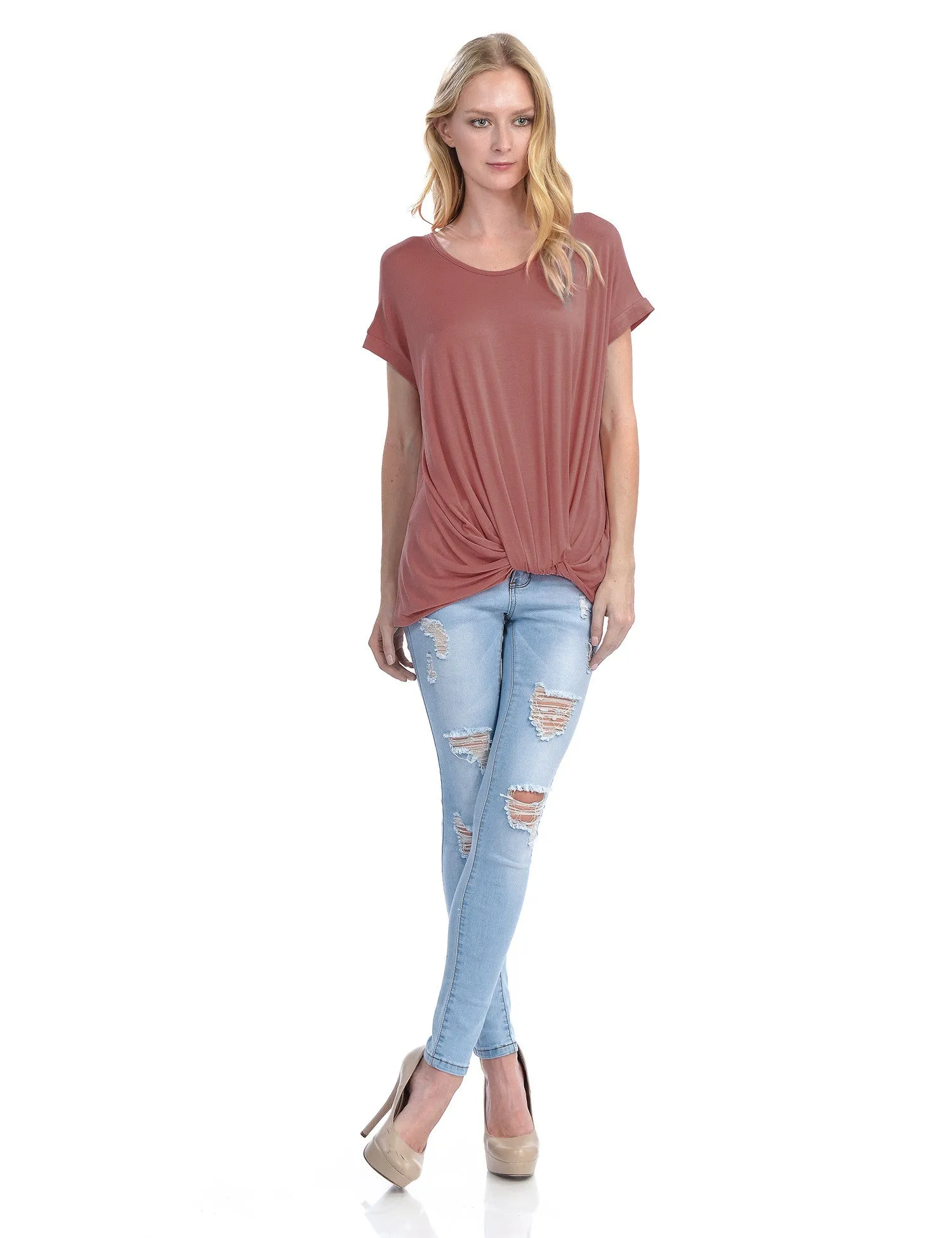 Solid Basic Boatneck Dolman Top with Knot on Hemline