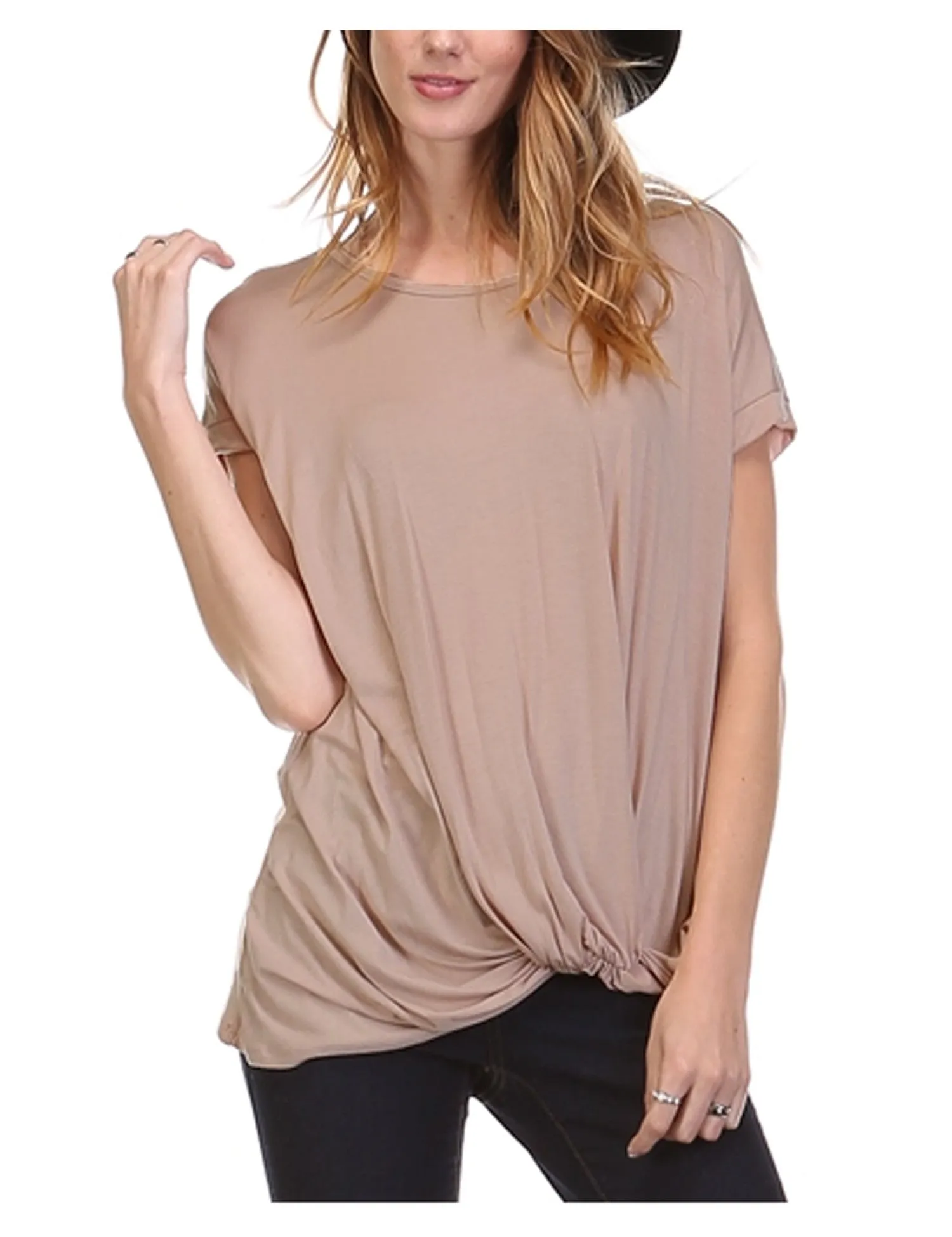 Solid Basic Boatneck Dolman Top with Knot on Hemline