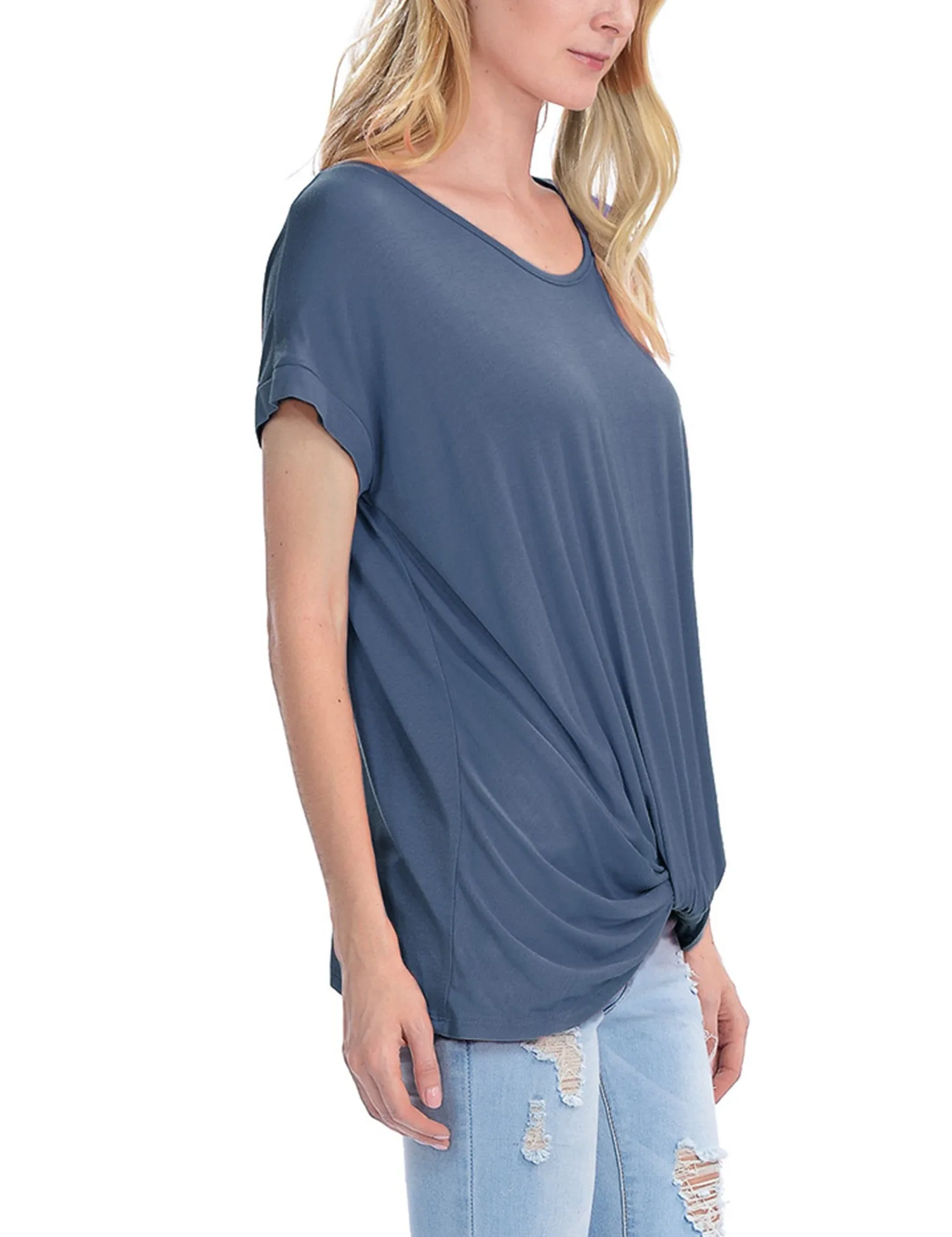 Solid Basic Boatneck Dolman Top with Knot on Hemline