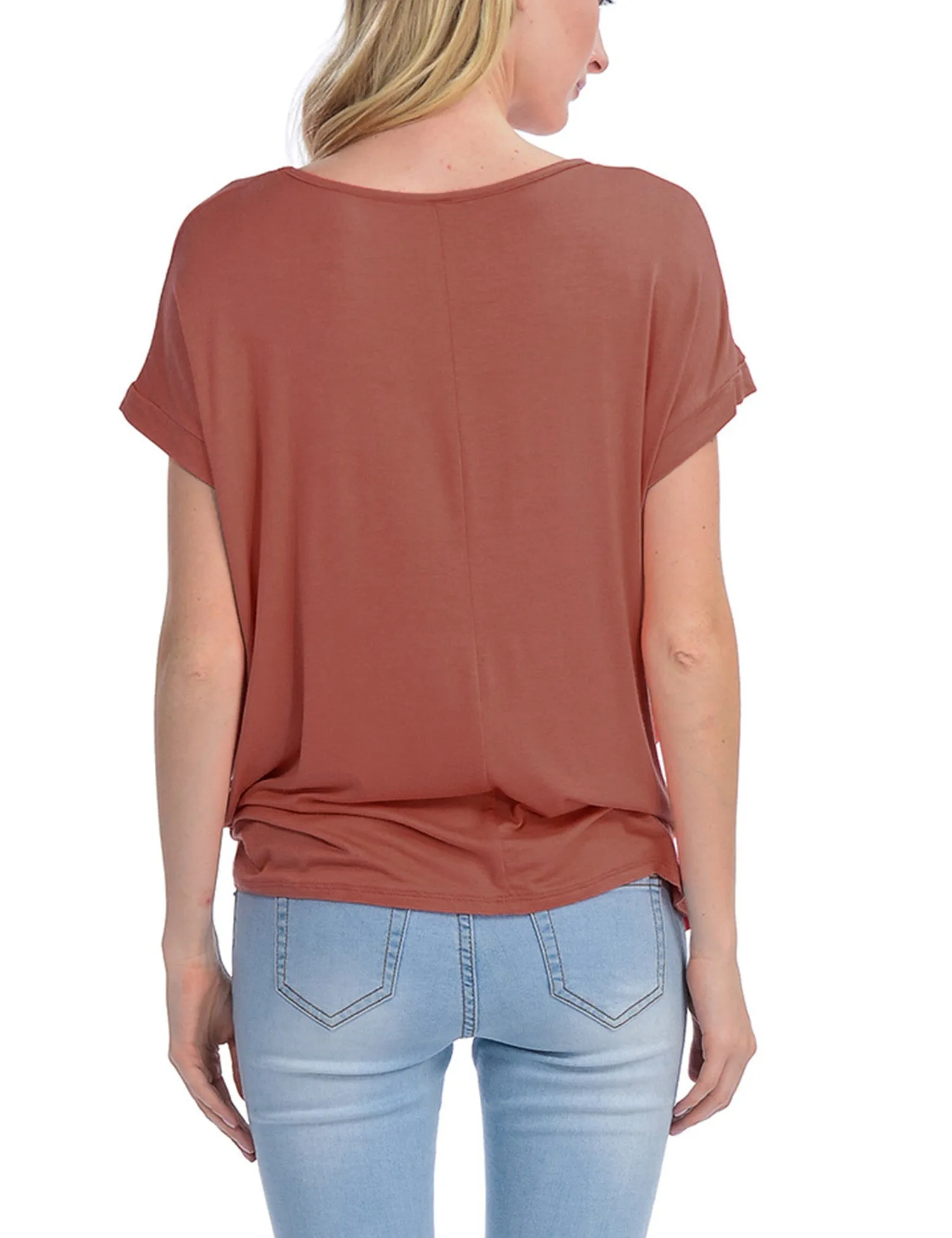 Solid Basic Boatneck Dolman Top with Knot on Hemline