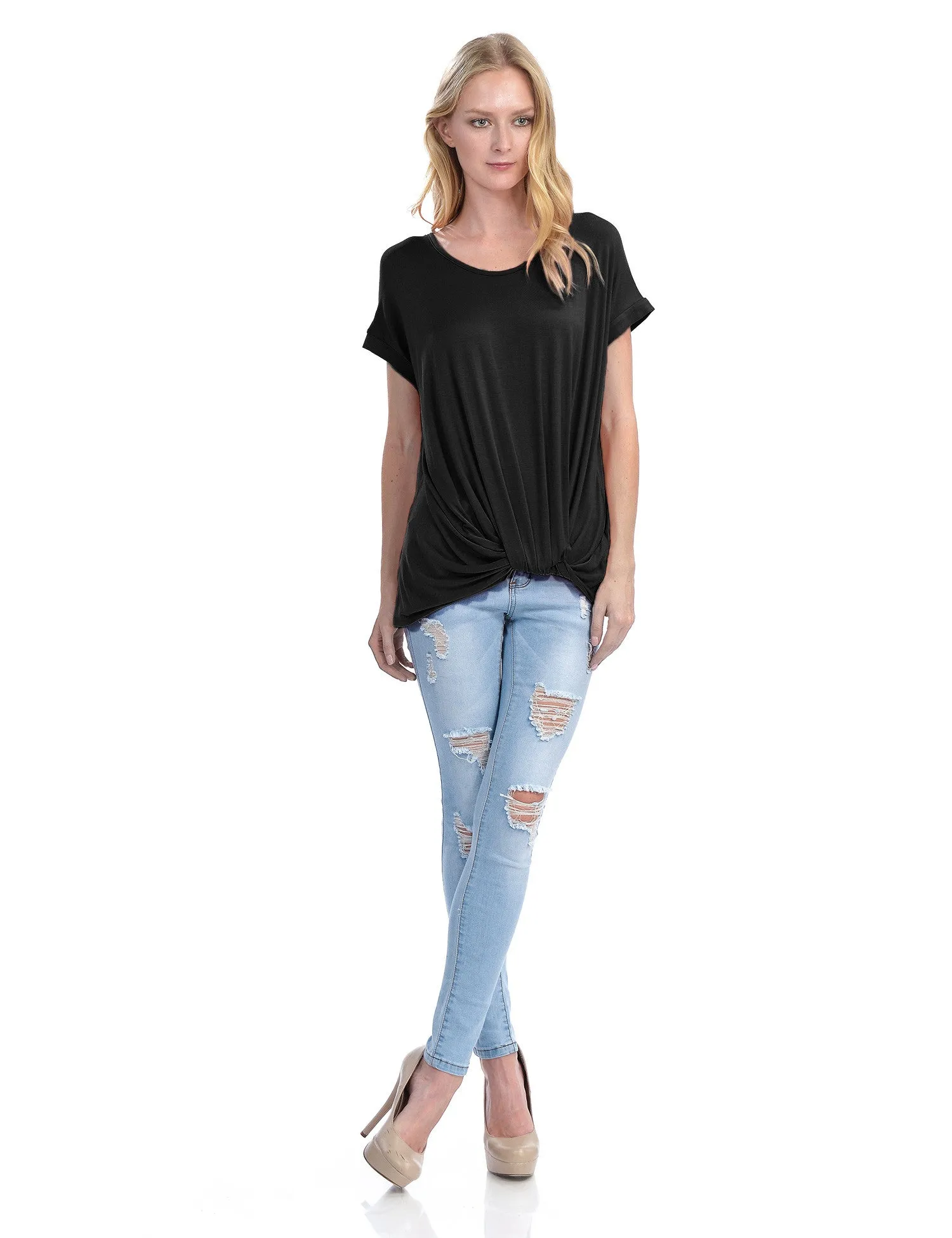 Solid Basic Boatneck Dolman Top with Knot on Hemline