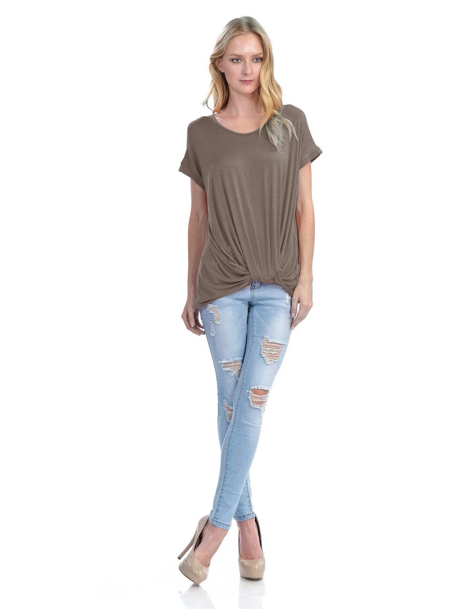 Solid Basic Boatneck Dolman Top with Knot on Hemline