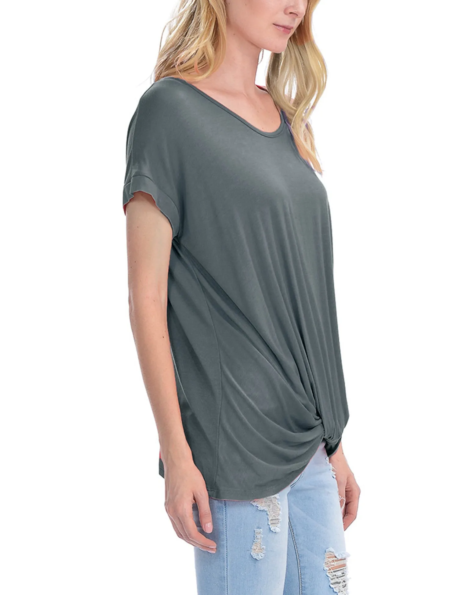 Solid Basic Boatneck Dolman Top with Knot on Hemline