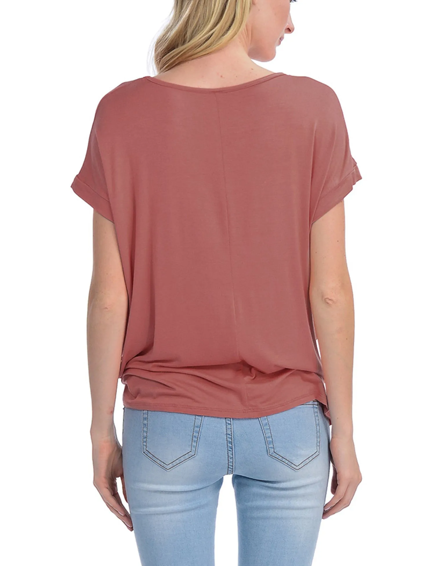 Solid Basic Boatneck Dolman Top with Knot on Hemline