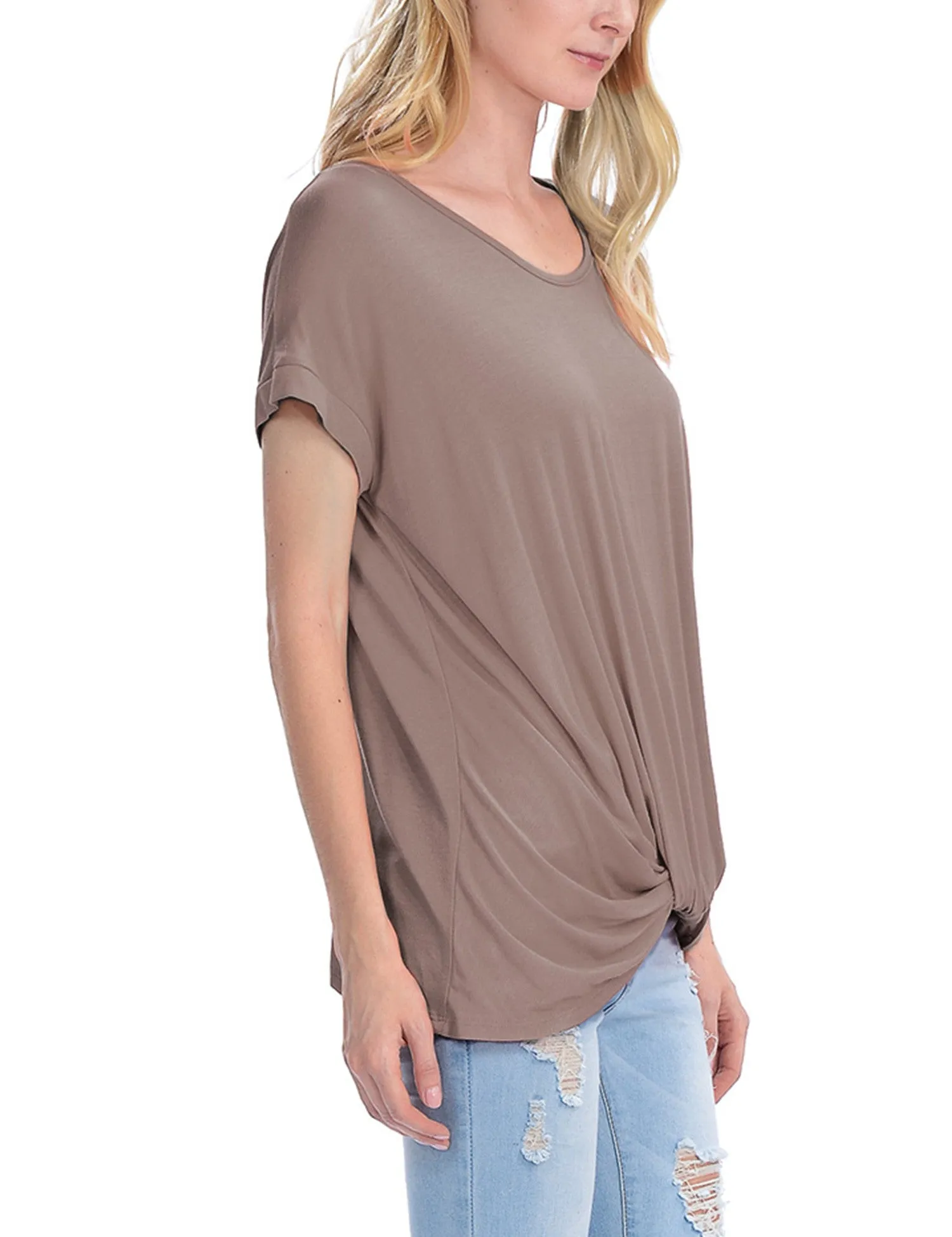 Solid Basic Boatneck Dolman Top with Knot on Hemline