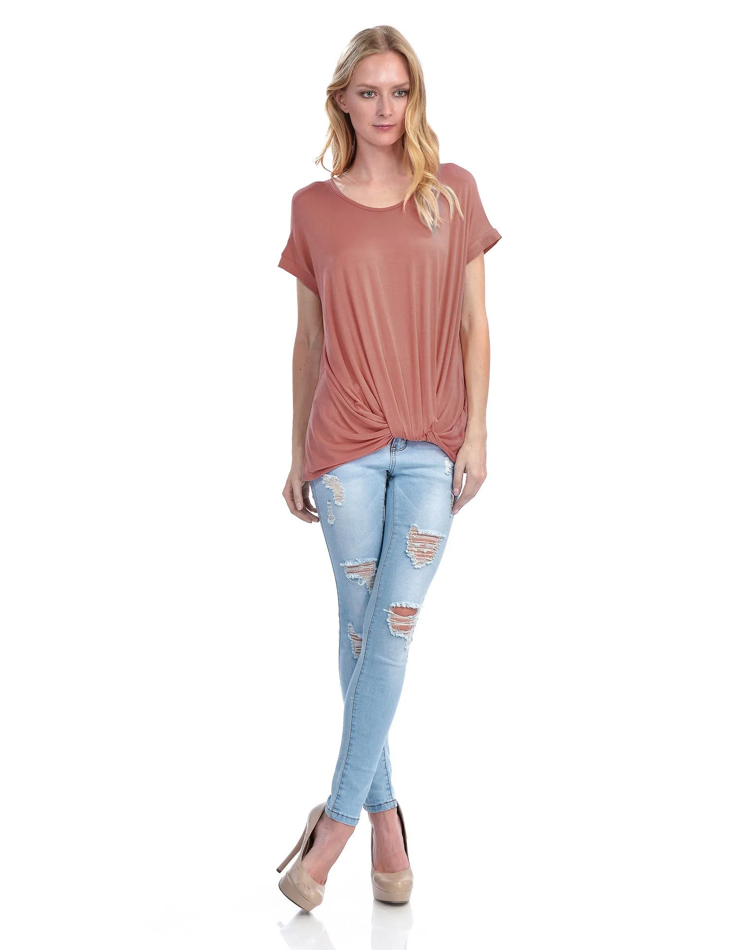 Solid Basic Boatneck Dolman Top with Knot on Hemline