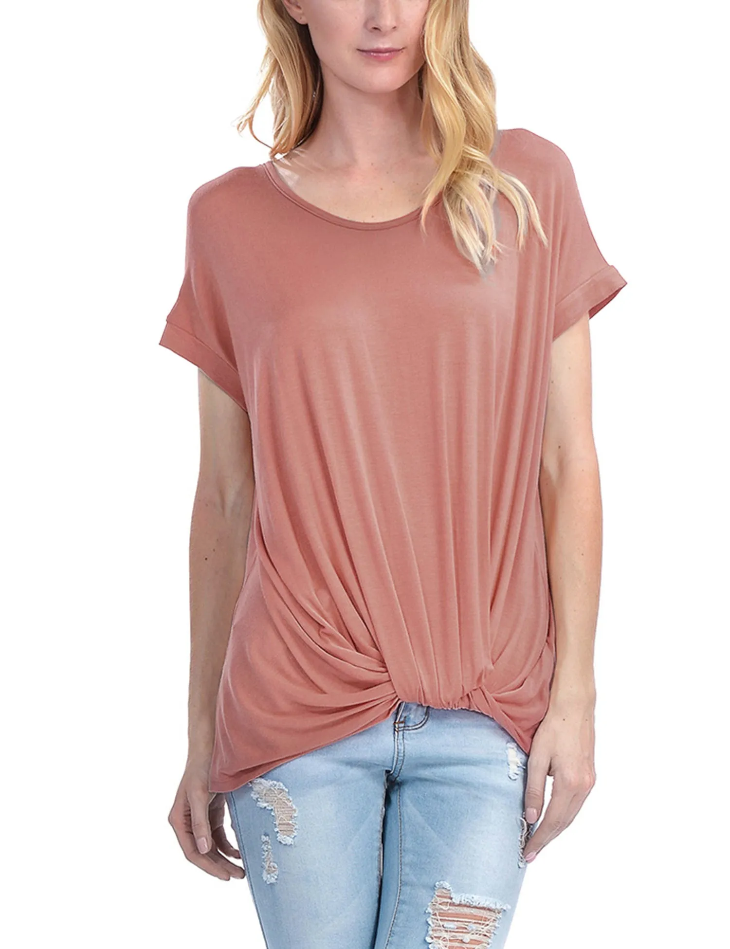 Solid Basic Boatneck Dolman Top with Knot on Hemline