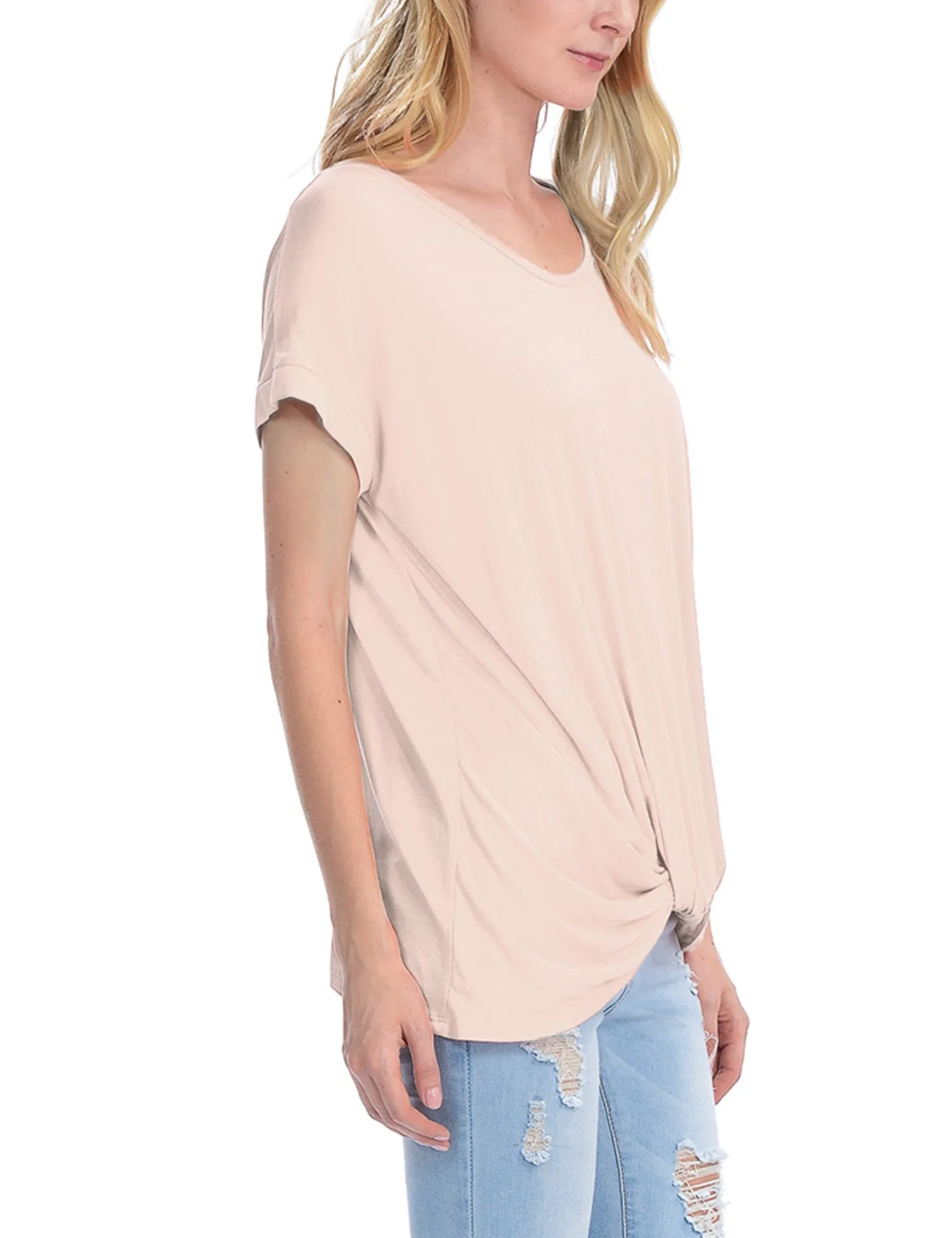 Solid Basic Boatneck Dolman Top with Knot on Hemline