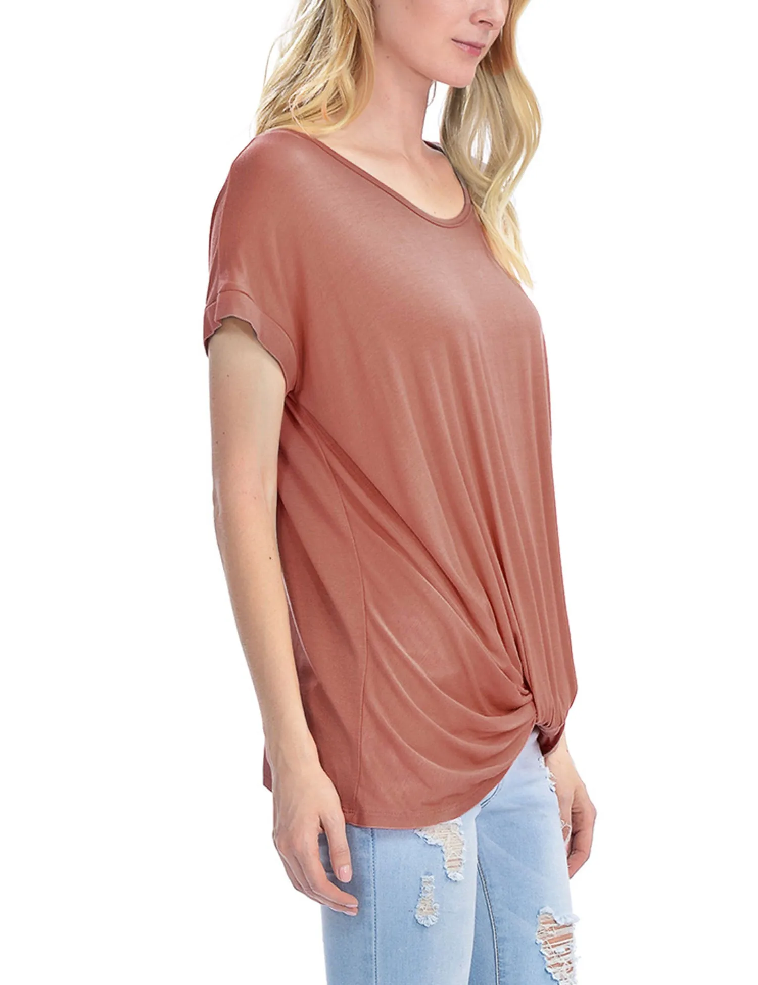 Solid Basic Boatneck Dolman Top with Knot on Hemline