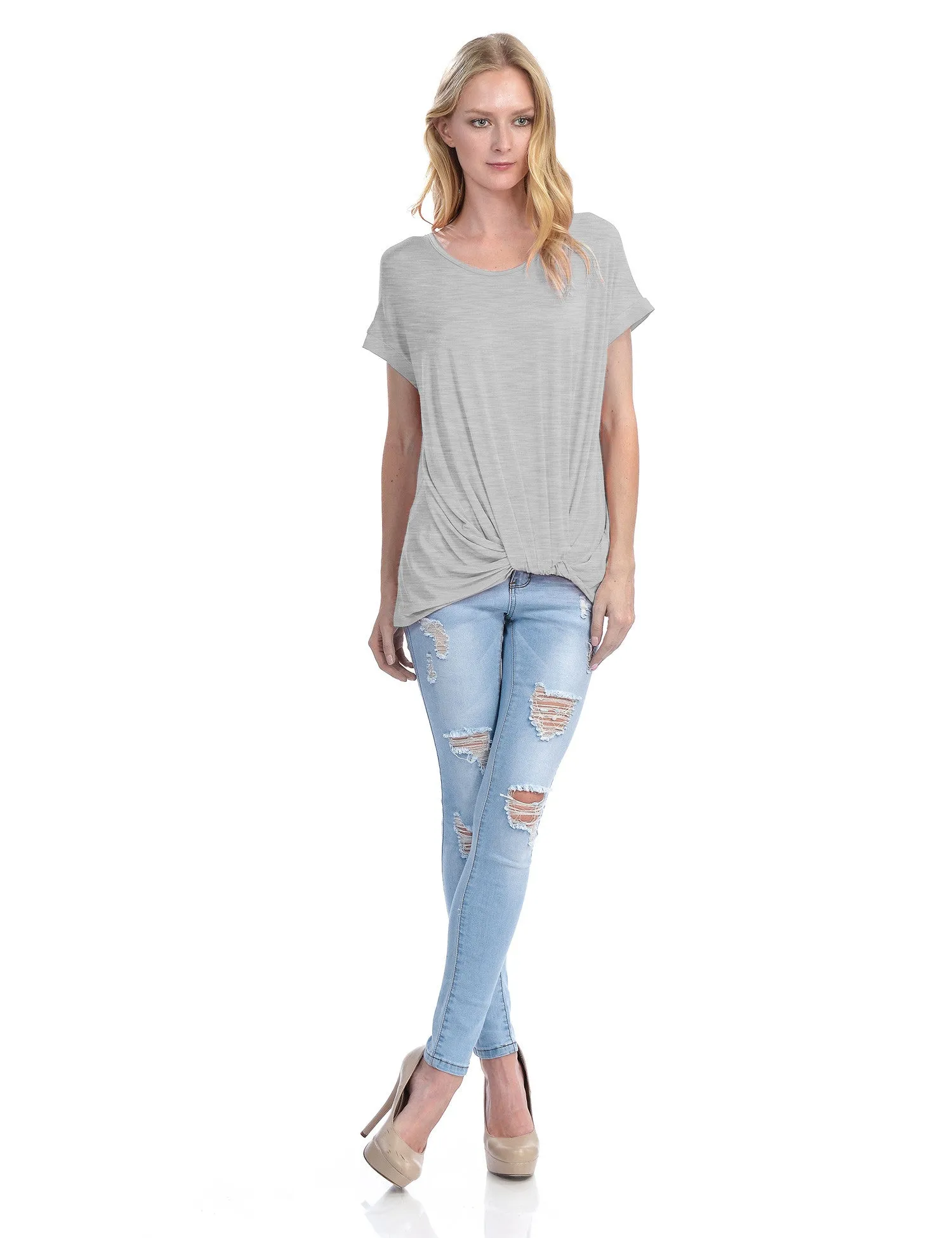 Solid Basic Boatneck Dolman Top with Knot on Hemline