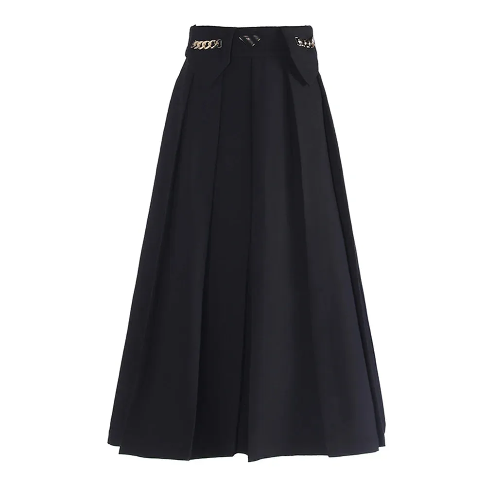 Solid Patchwork Chain Elegant Skirts For Women High Waist Spliced Pleated Temperament Skirt Female Fashion Clothing