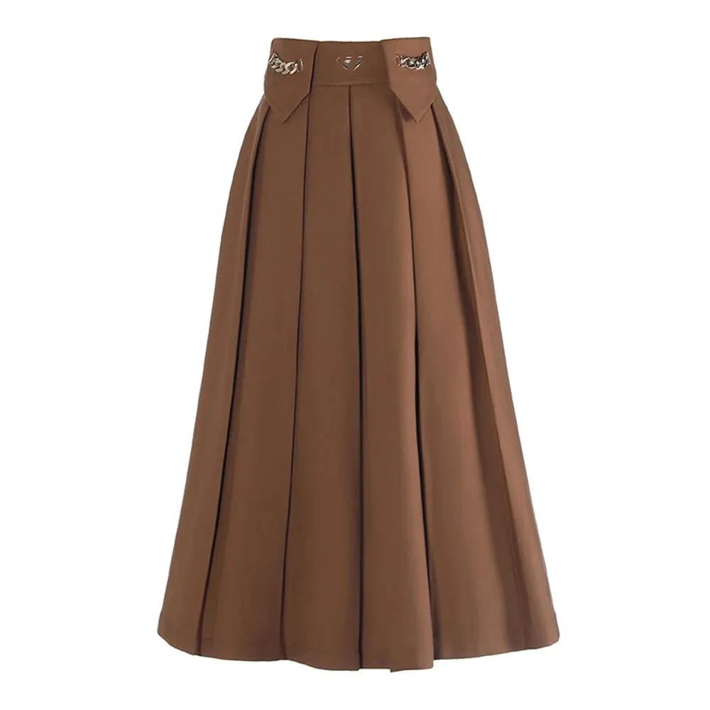 Solid Patchwork Chain Elegant Skirts For Women High Waist Spliced Pleated Temperament Skirt Female Fashion Clothing