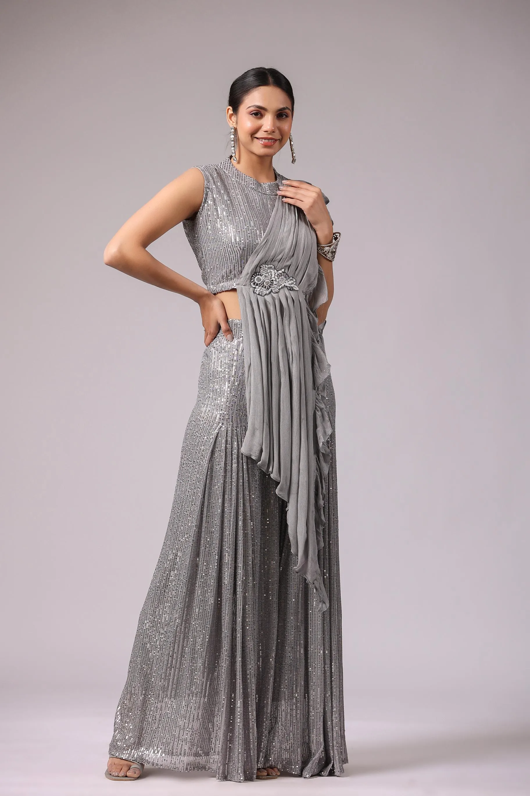 Spanish Grey Embellished Premium Net Tunic & Palazzo Set