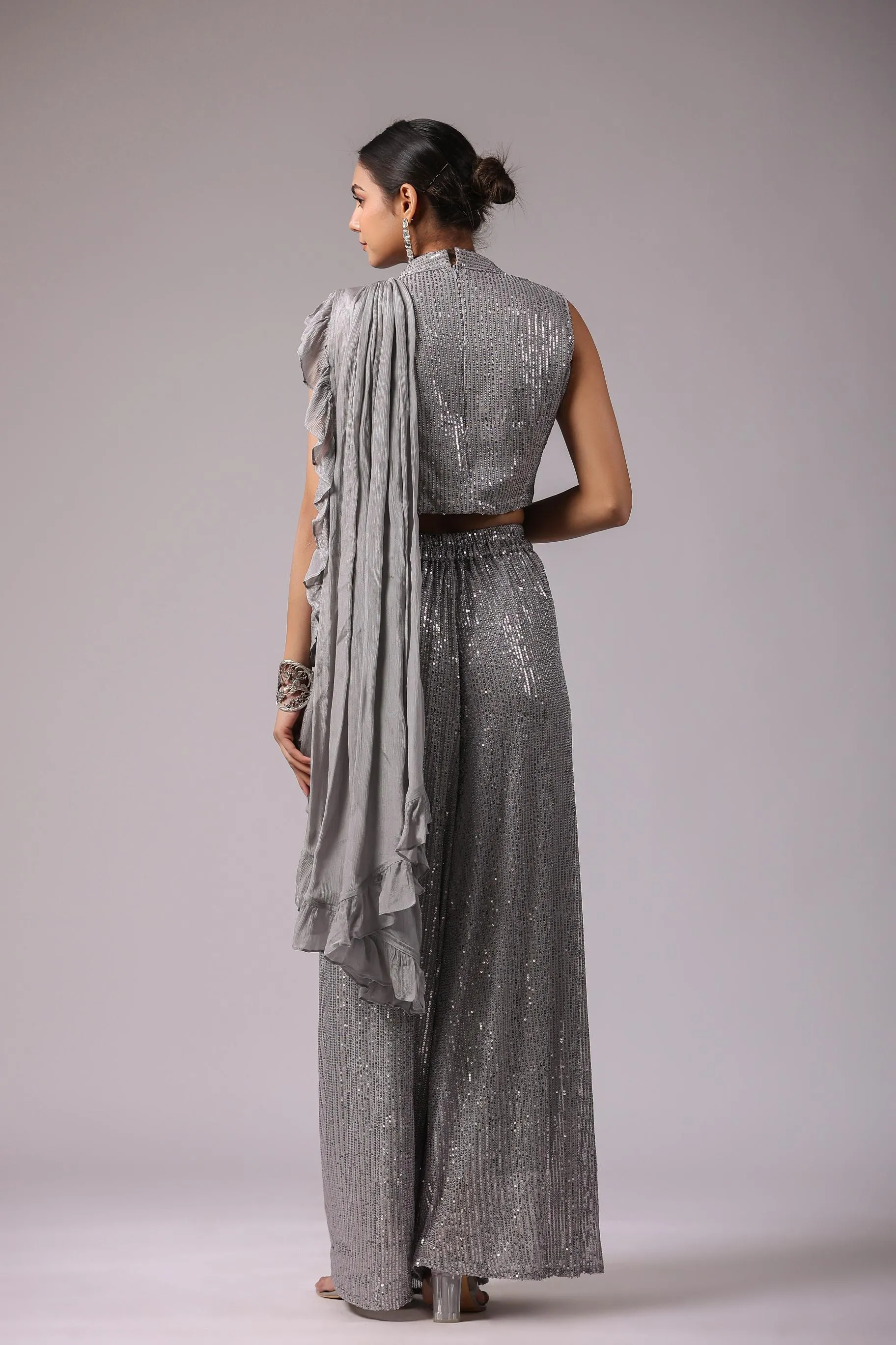 Spanish Grey Embellished Premium Net Tunic & Palazzo Set