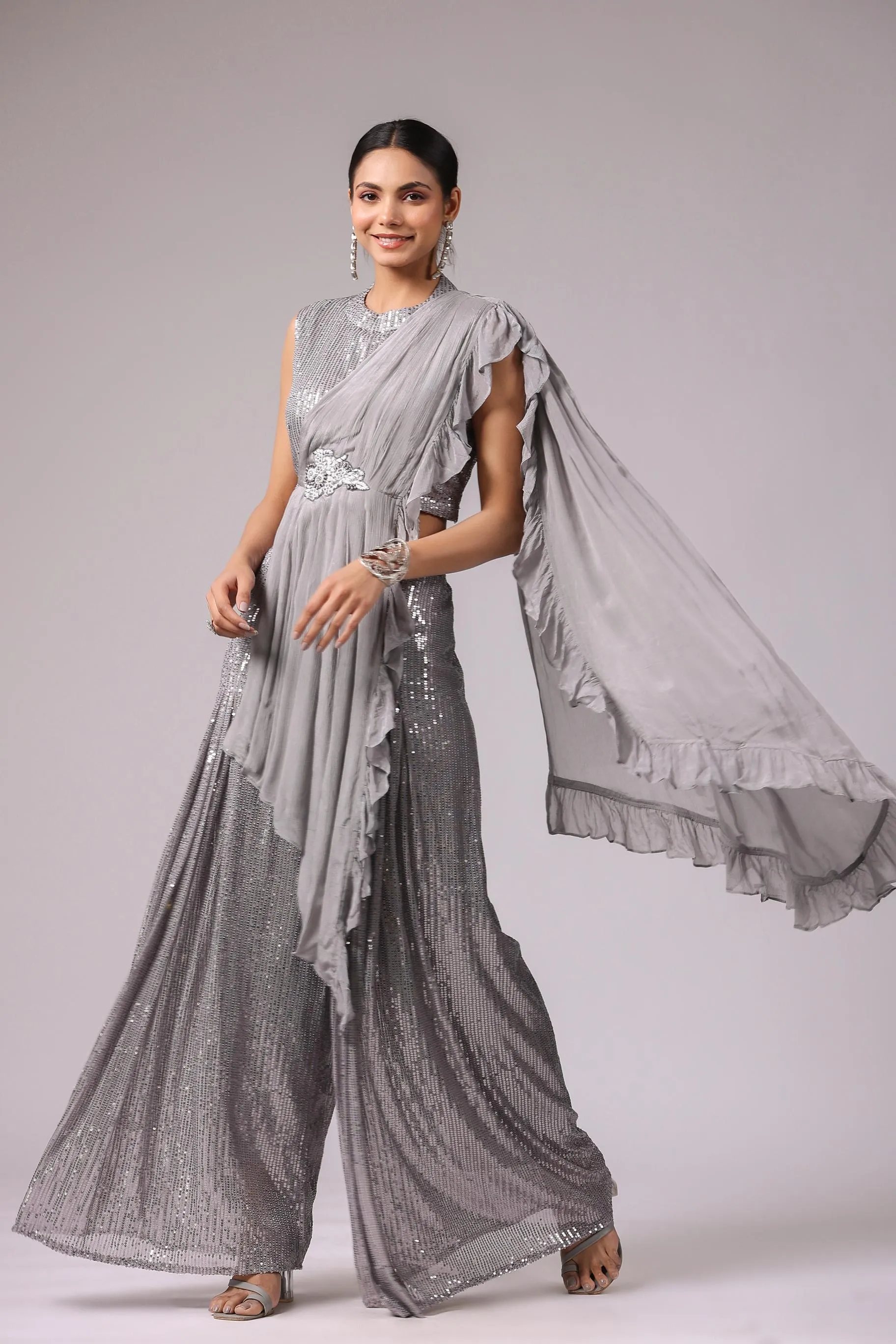 Spanish Grey Embellished Premium Net Tunic & Palazzo Set