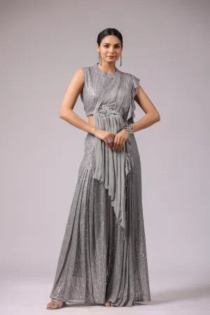 Spanish Grey Embellished Premium Net Tunic & Palazzo Set