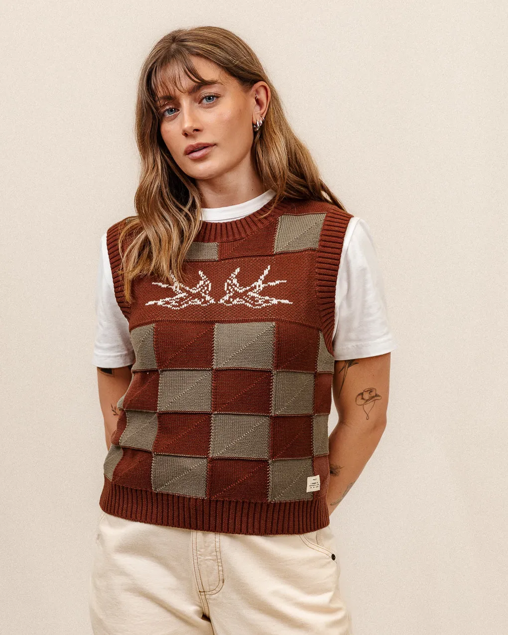 Sparrow Knitted Vest - Olive Checkerboard