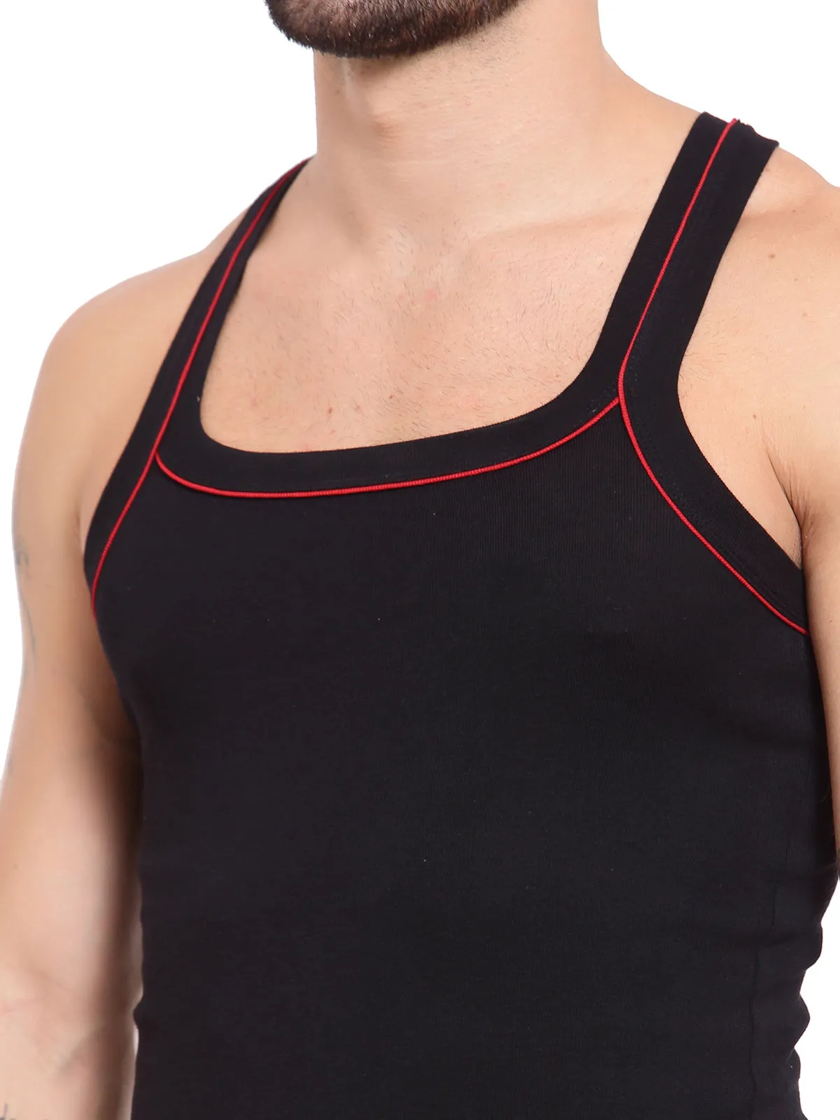 Sporto Men's 100% Cotton Gym Vest with Contrast Piping - Black