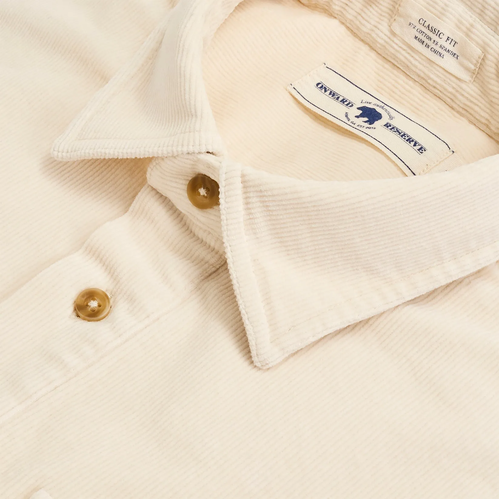 Stretch Cord Half Button LS Shirt - Cream