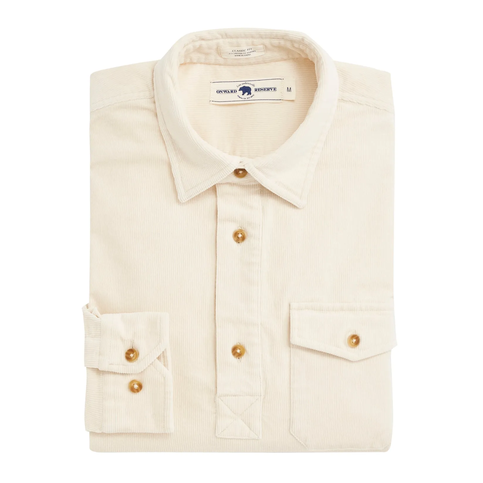 Stretch Cord Half Button LS Shirt - Cream