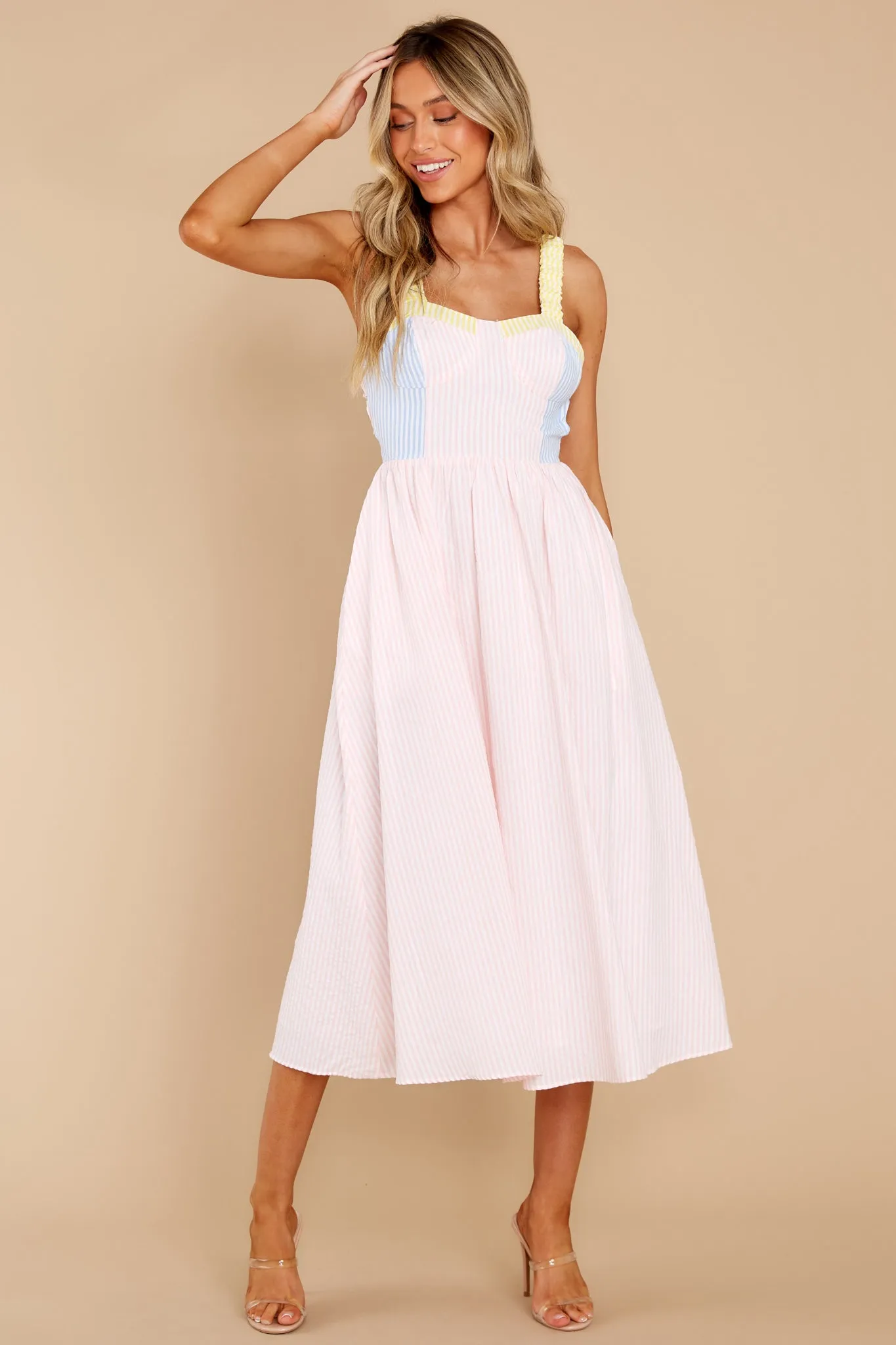 Sweet Voices Light Pink Multi Striped Midi Dress