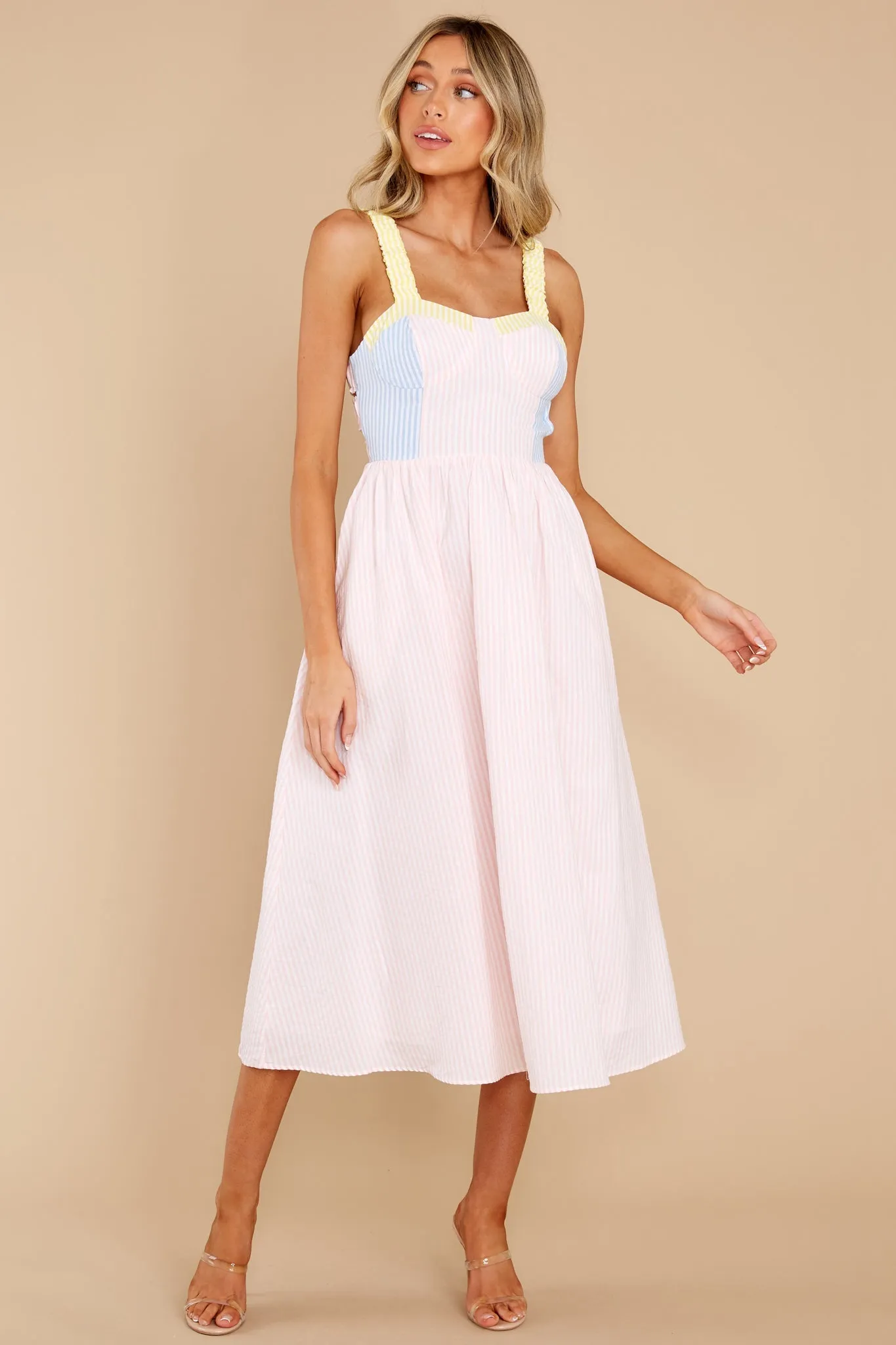 Sweet Voices Light Pink Multi Striped Midi Dress