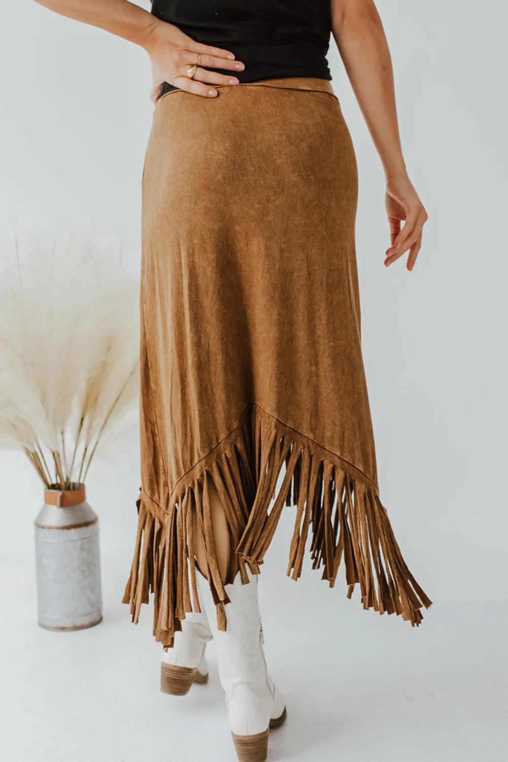 Tasseled Hemline Suede Midi Skirt