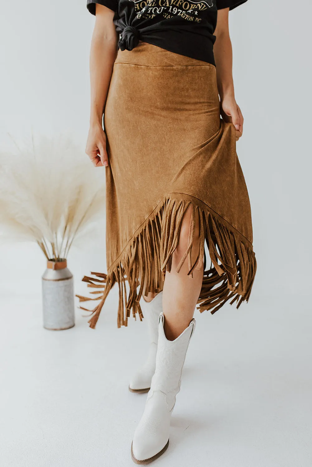 Tasseled Hemline Suede Midi Skirt