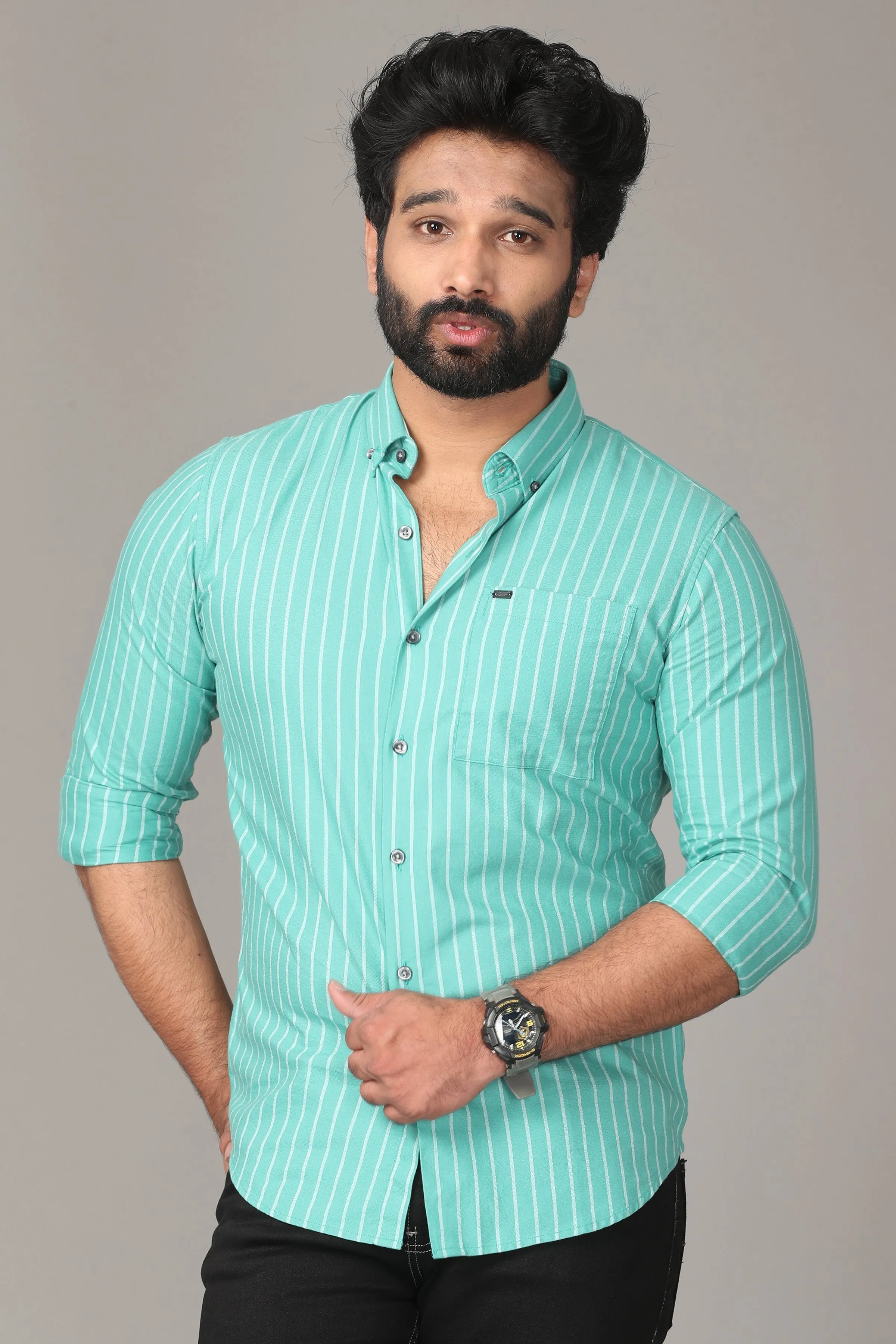 Teal Striped Full Sleeve Shirt