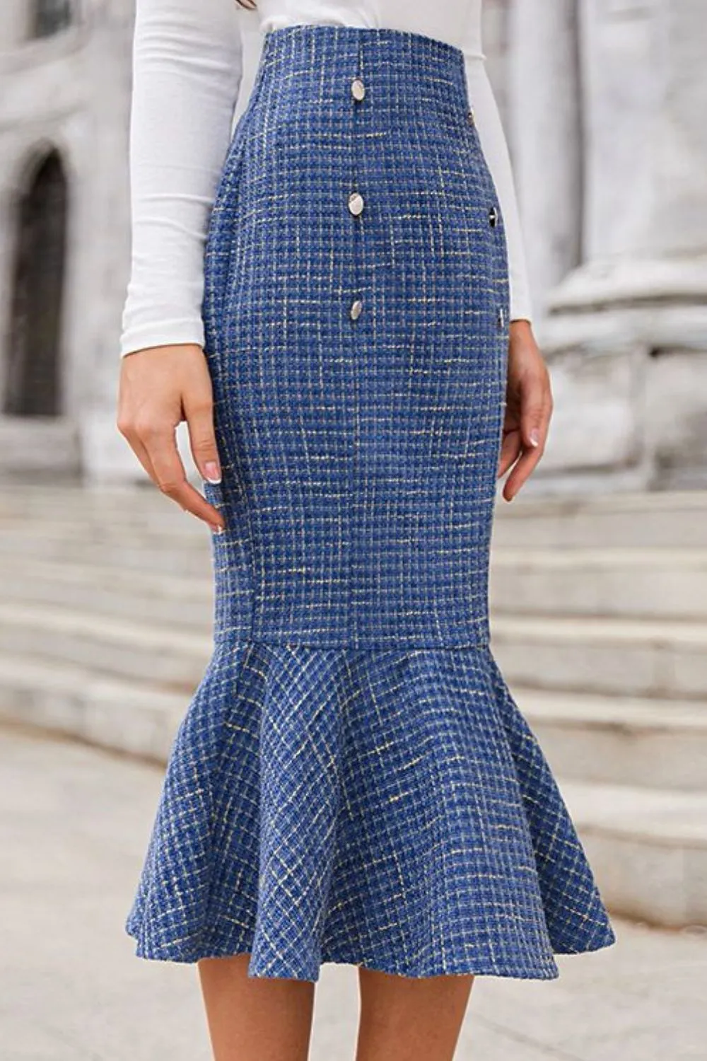 Tweed Buttoned Fishtail Skirt