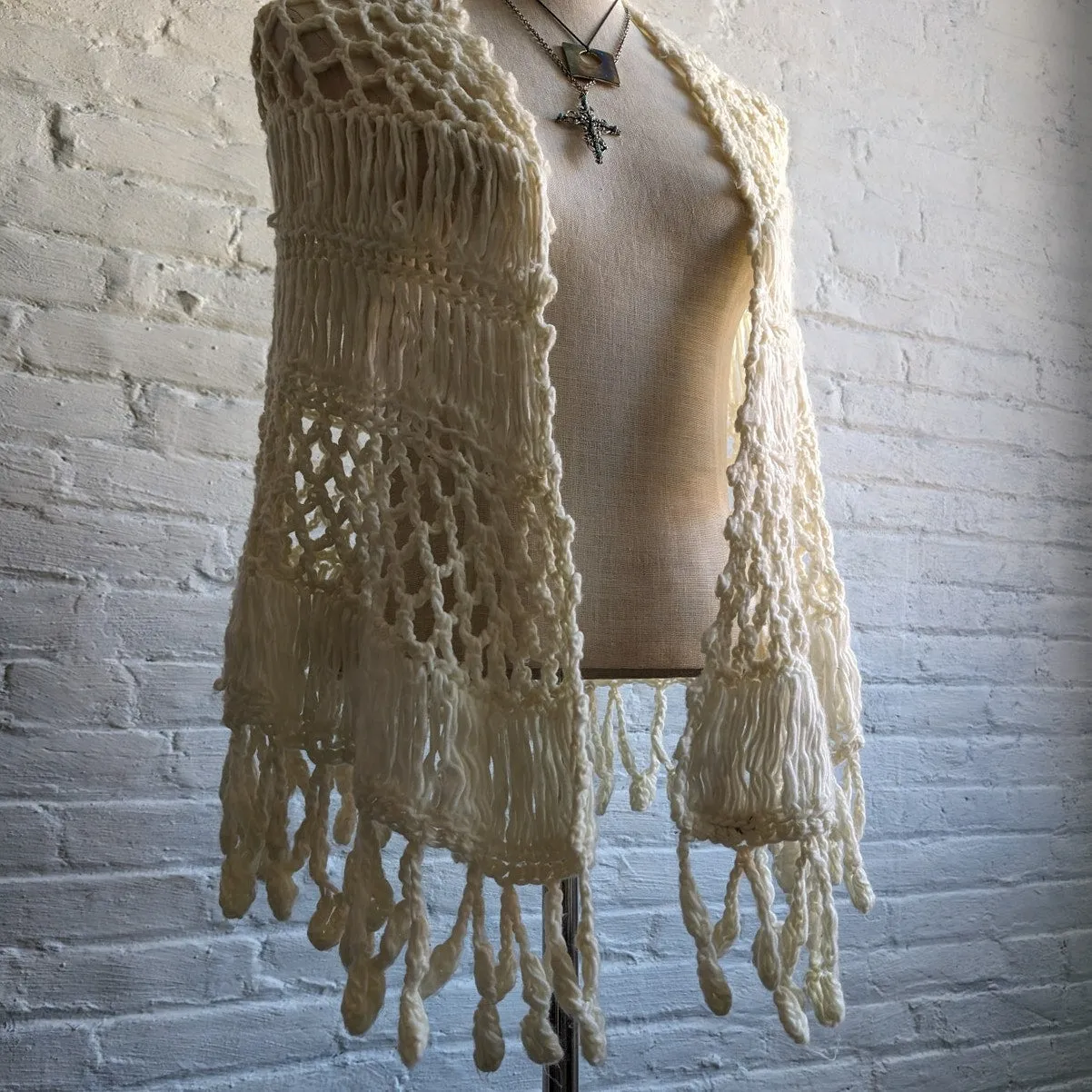 Vintage Japanese Hand Crochet Wrap Fringe Minimalist Festival Boho Sweater Shawl